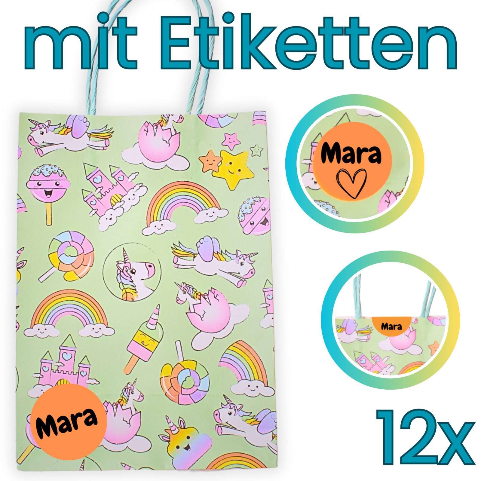 TE-Trend Tragetasche 12 Stück Einhorn Motiv Geschenktüten Papiertüten mit 12 Stickern (12-tlg., faltbar, wiederverwendbar), mit Piratenmotiv