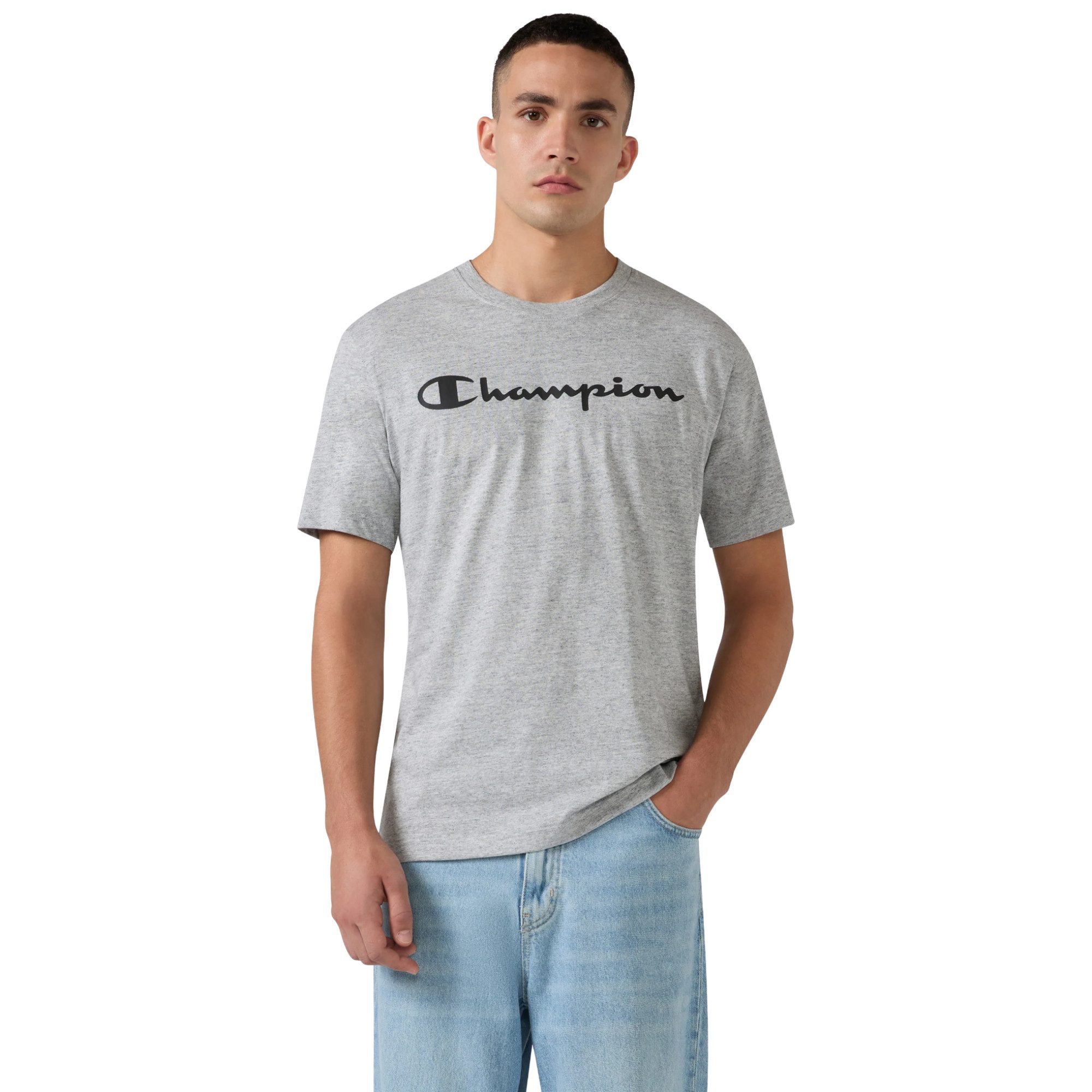 Champion Kurzarmshirt T-Shirt für Herren mit Script-Logo Hellgrau