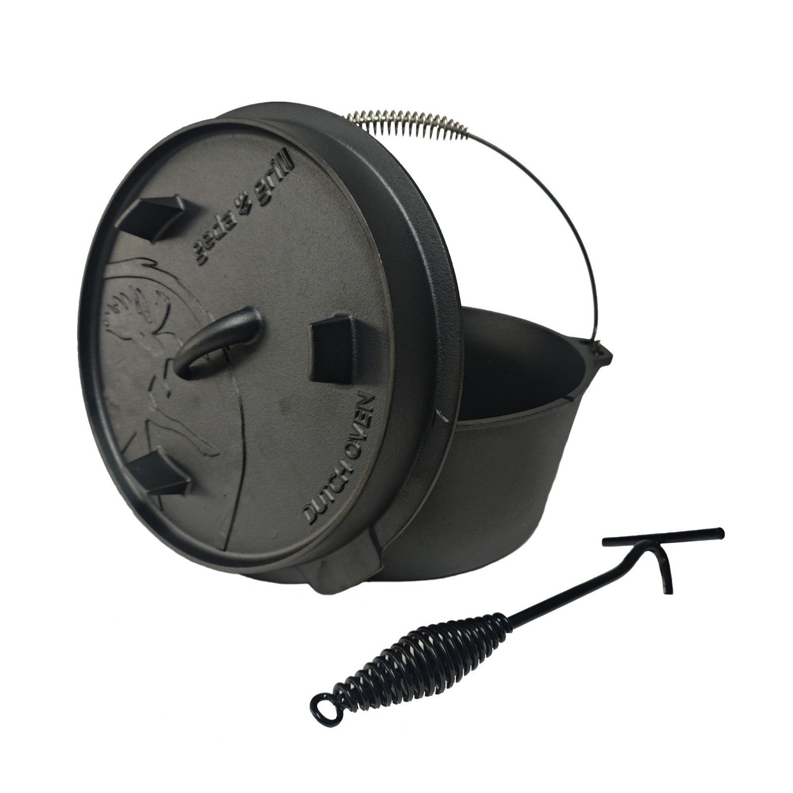 geda grill Grilltopf Dutch Oven Feuertopf 5.6 L ohne Füße mit Deckelheber, Schmortopf, Gusseisen, Induktion, pre-seasoned