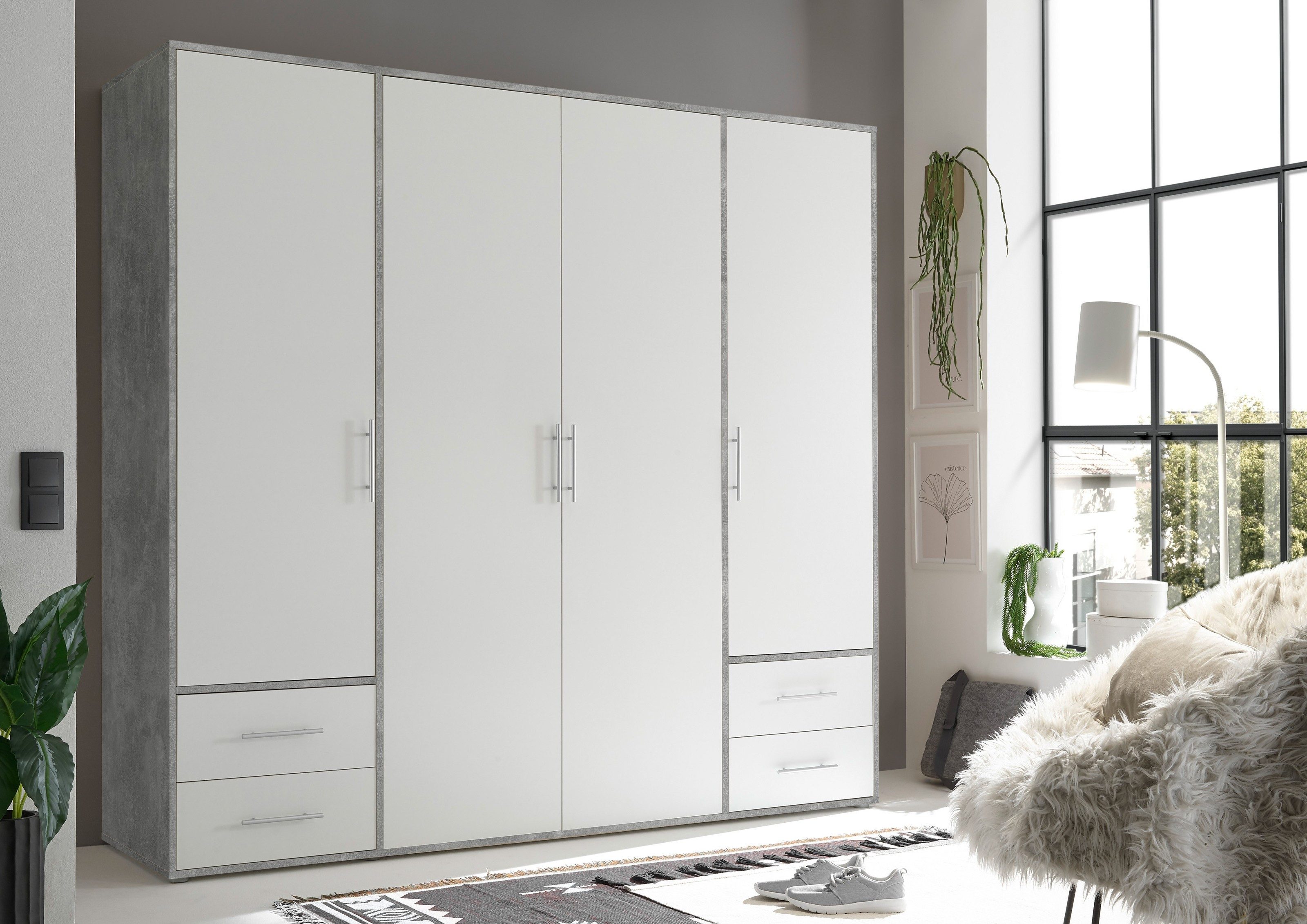 möbelando Kleiderschrank in Beton Optik / Weiß mit 4 Schubladen und 4 Türen (BxHxT: 206x195x60 cm)