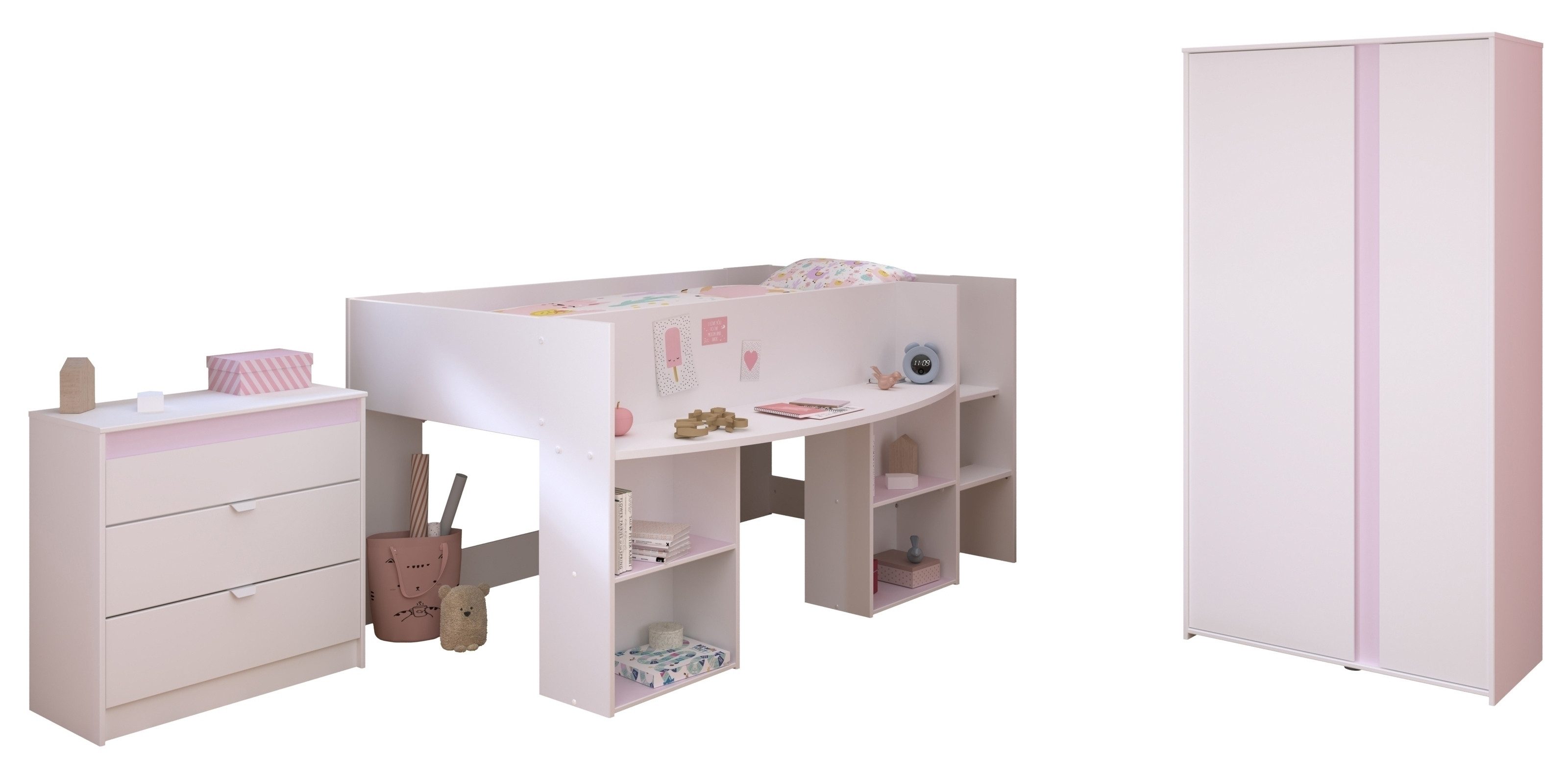 Parisot Jugendzimmer-Set Pirouette 12, (3-teilig) in Weiss, mit drehbaren Elementen in Rosa oder Grau