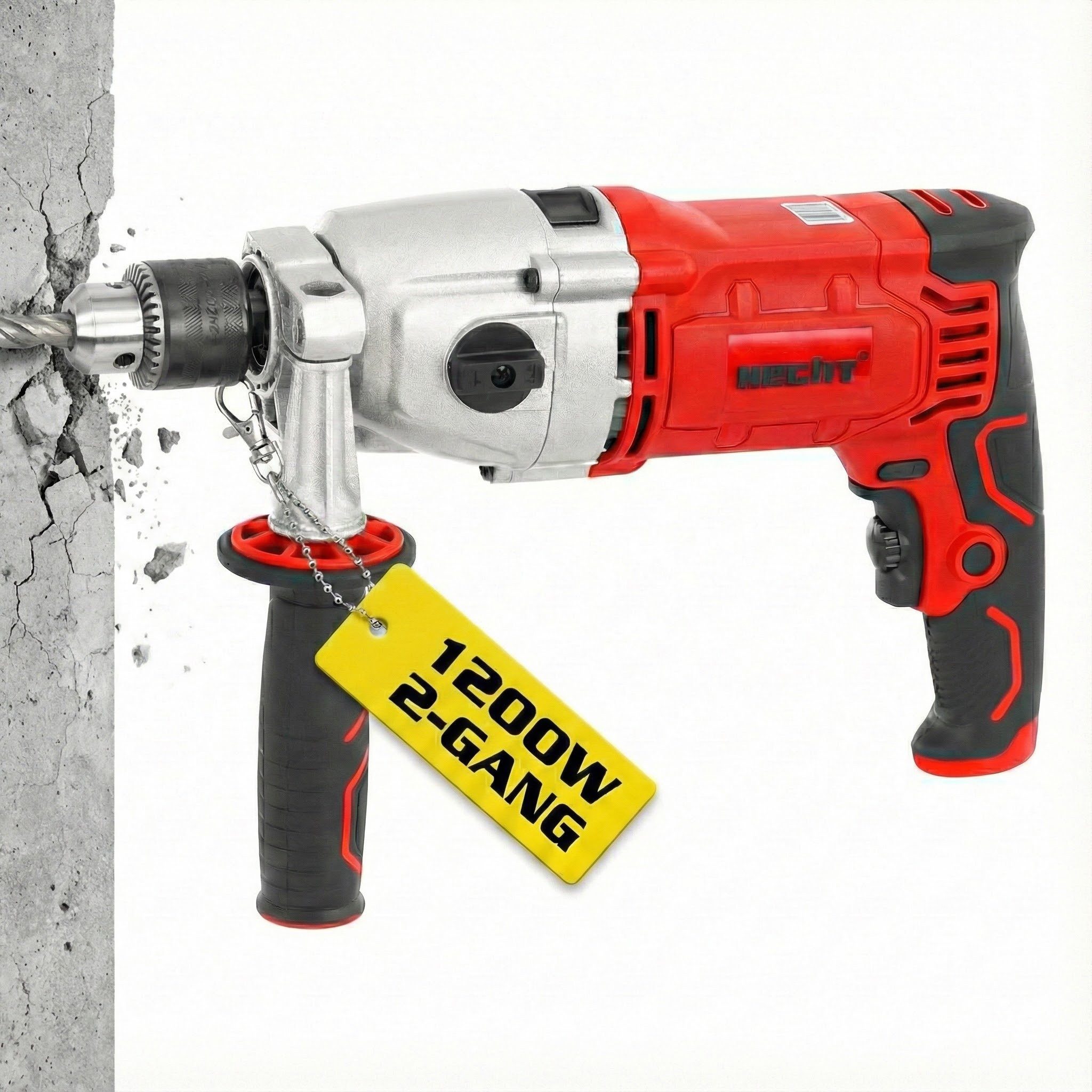 Hecht Schlagbohrmaschine 1077 für Holz, Metall, Beton, 1200W, 2-Gang Metallgetriebe, 230 V, max. 2800 U/min, mit Tiefenanschlag, Borhfutterschlüssel, Bohrmaschine Schlagbohrer