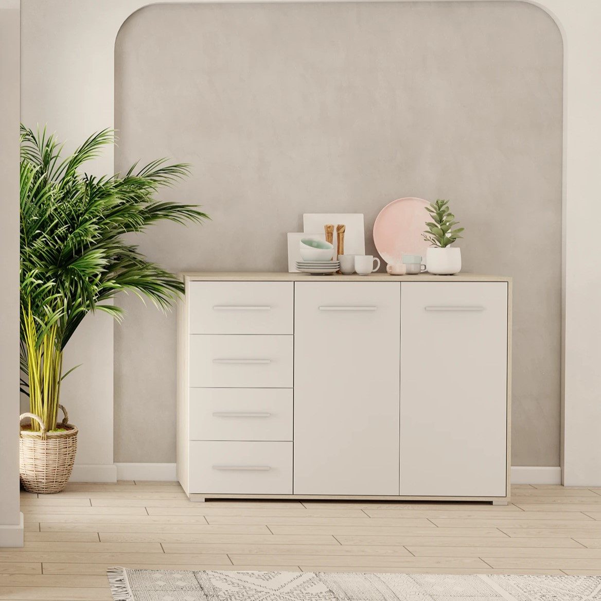 MOEBLO Kommode KOM001 (Kommode Sideboard Schubladenkommode, Highboard Schrank Beistelltisch mit 2 Türen und 4 Schubladen), (BxHxT): 135x95x45 cm