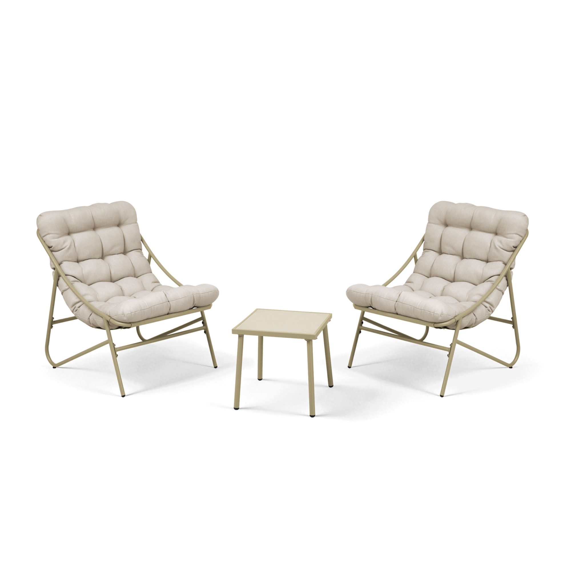 en.casa Loungeset, (Set, 3-tlg., 1 Outdoor-Tisch, 2 Loungesessel mit Polsterkissen), »Trölleping« Metallgestell Polsterkissen Glasplatte Beige