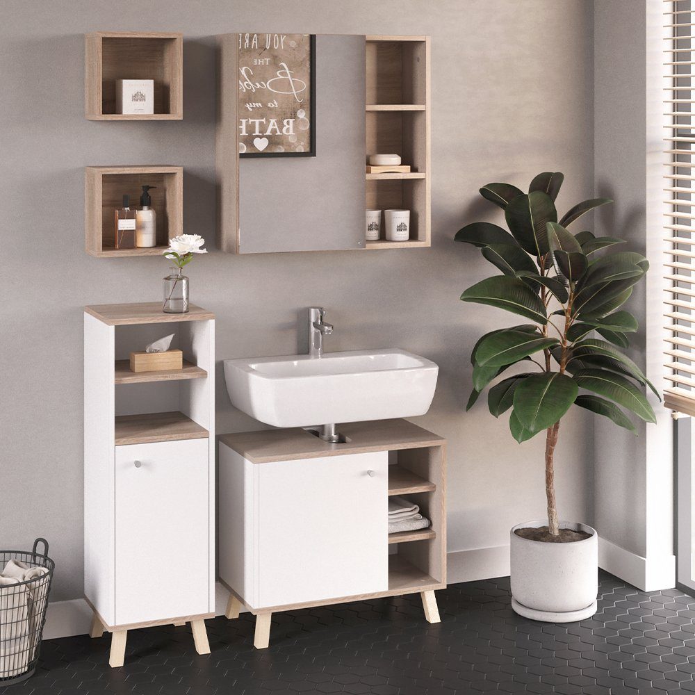 Vicco Badmöbel-Set Senyo, Weiß/Sonoma, 4 Teile, mit Midischrank, (5-er Set, 5-St., 5er Set)