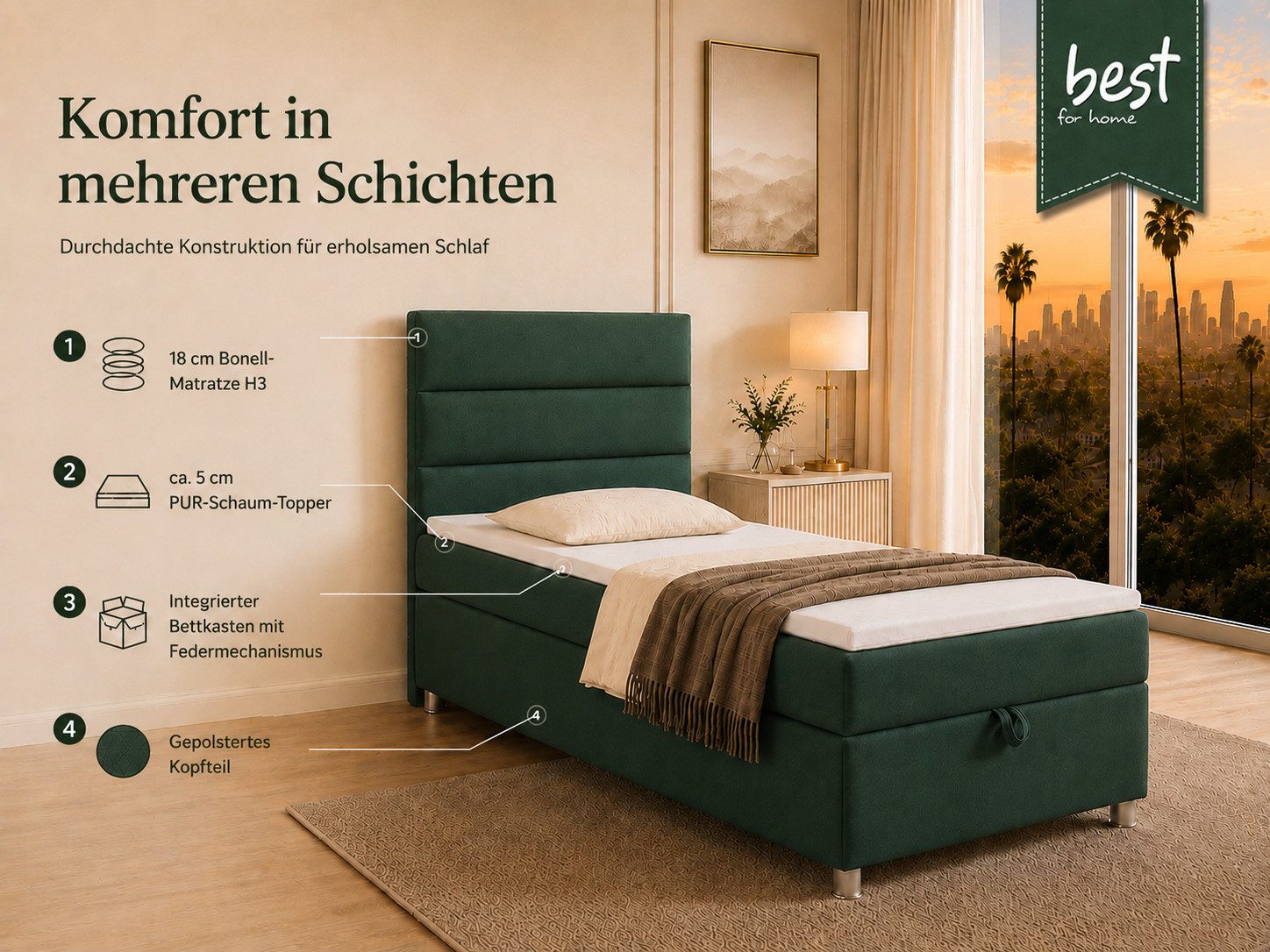 Best for Home Boxspringbett Trinity K-4 Single 5cm Topper Bonell Bettkasten (Einzelbett, Polsterbett mit gepolstertes Kopfteil, Jugendbett, Kinderbett versch. Größen, 1-St., 70x200 80x200 90x200 100x200 cm), Stauraum; ergonomischer Schlafkomfort; modernes Design