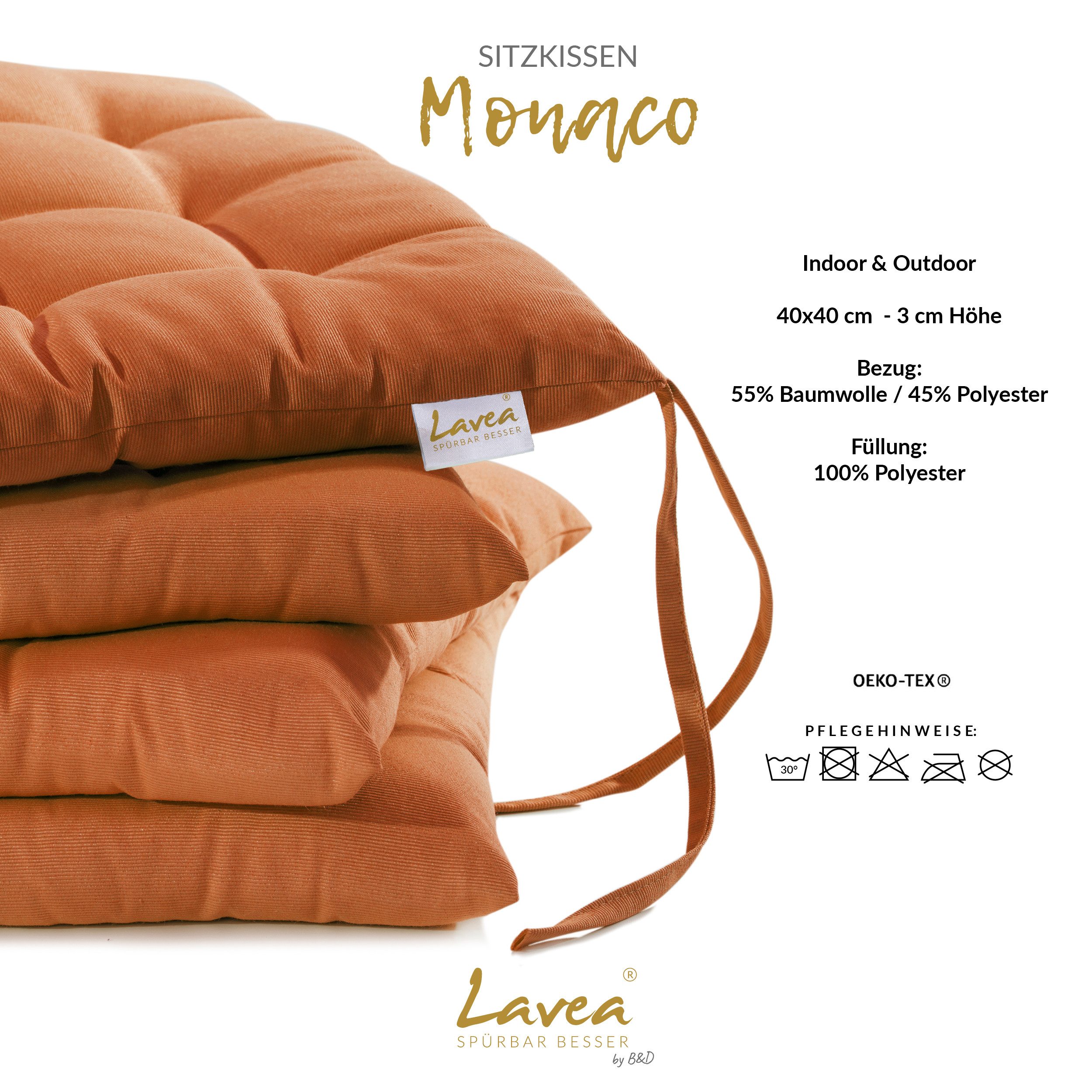 Lavea Stuhlkissen MONACO - weich gepolsterten Sitzkissen Set (4er & 8er), 40x40x3 cm, mit Stoffbändern, Indoor & Outdoor, für Garten & Balkon