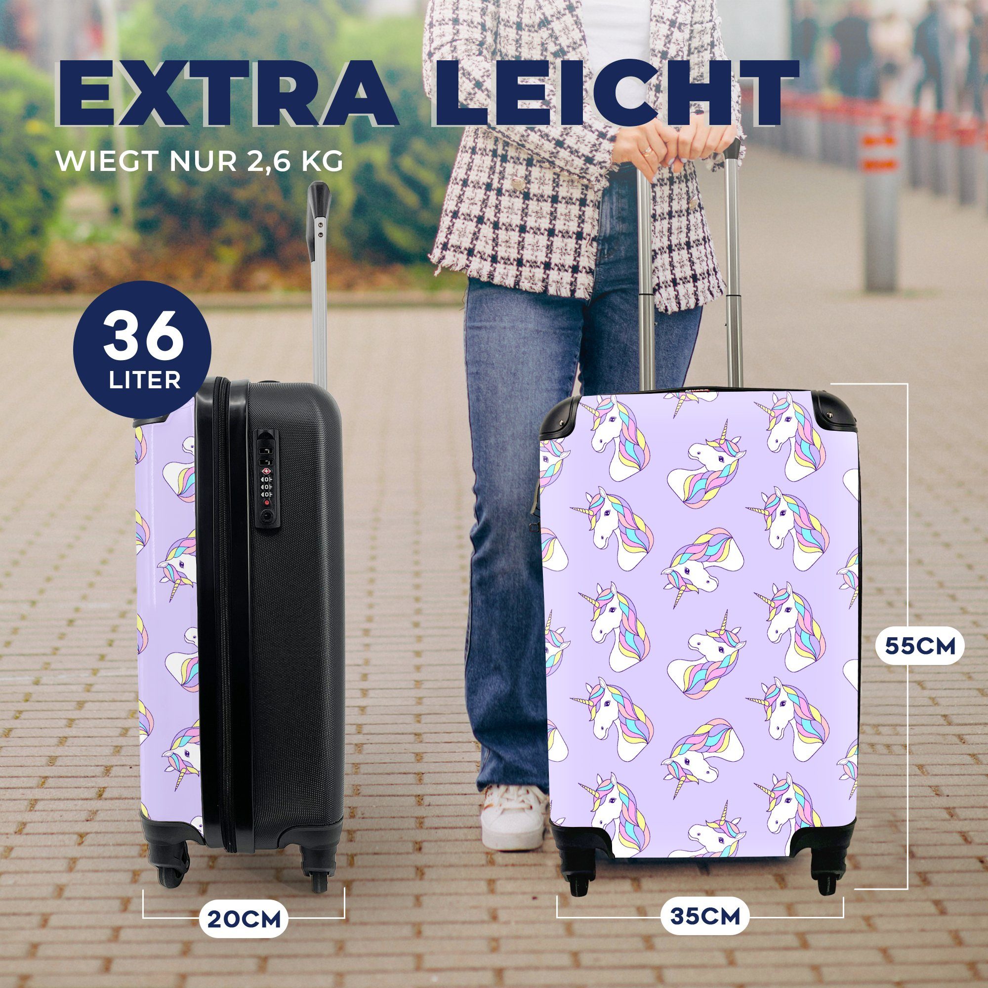 rollen, Rollen, Reisetasche Ferien, Einhorn - Handgepäckkoffer Reisekoffer Trolley, MuchoWow für mit Muster, - Handgepäck 4 Pastell