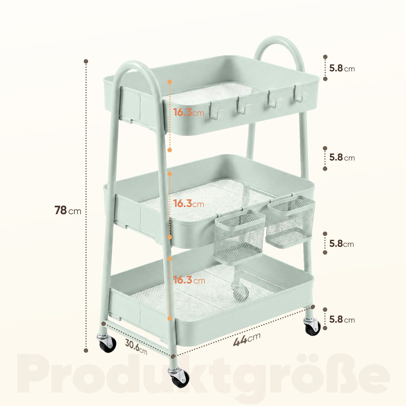 Sekey Rollwagen Küche 30 cm Breit Servierwagen mit Rollen Metall, 2 Körben & 4 Haken, Innovatives Klick-Design für schnelle Montage ohne Schrauben