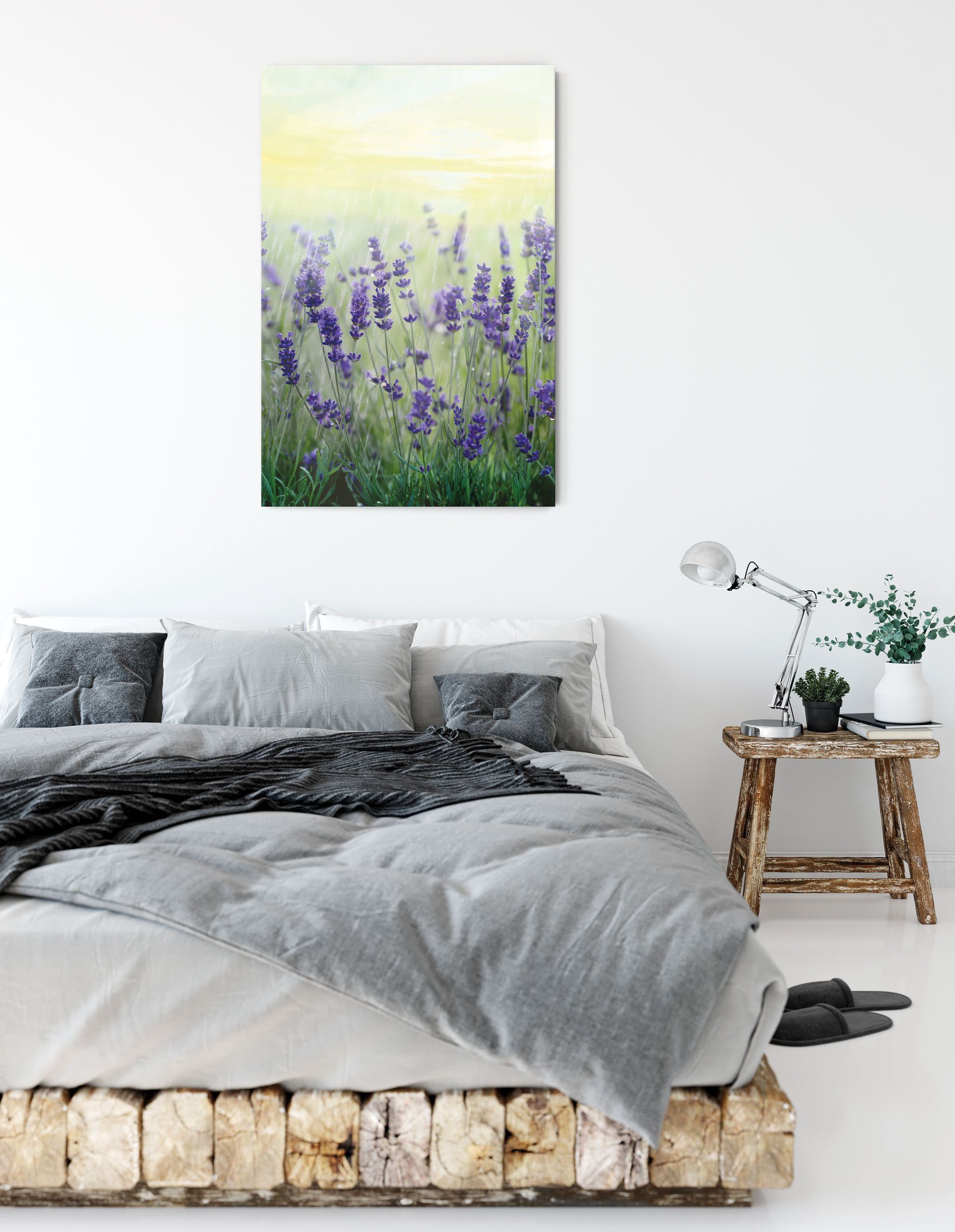 Pixxprint Leinwandbild Schöner Lavendel im Regen, Schöner Lavendel im Regen (1 St), Leinwandbild fertig bespannt, inkl. Zackenaufhänger