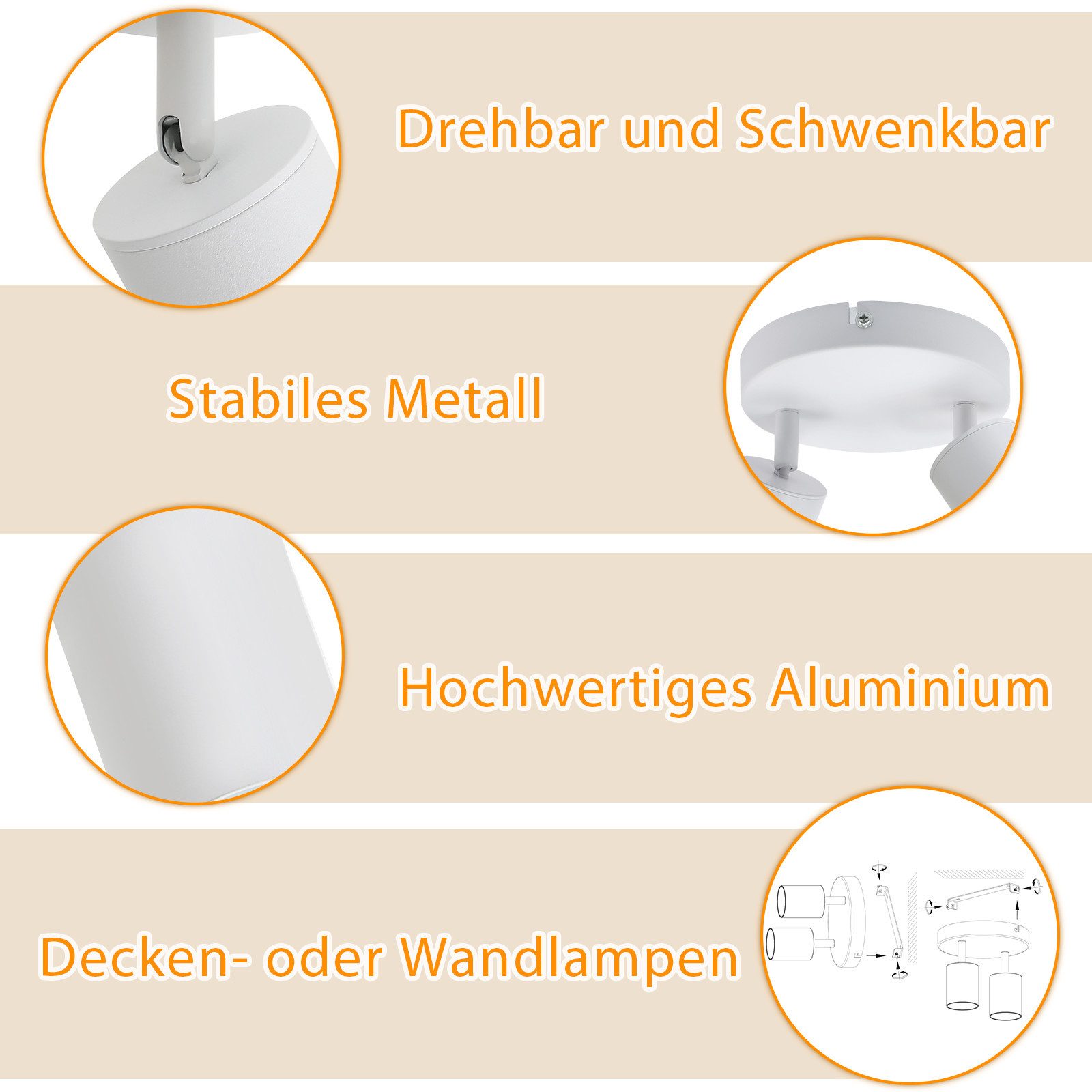 ZMH Deckenstrahler 2 Flammig Rund Deckenlampe Schwenkbar 330° Modern für Wohnzimmer, Einfache Installation, ohne Leuchtmittel, Weiß 90° gedreht Wandstrahler für Schlafzimmer Küche