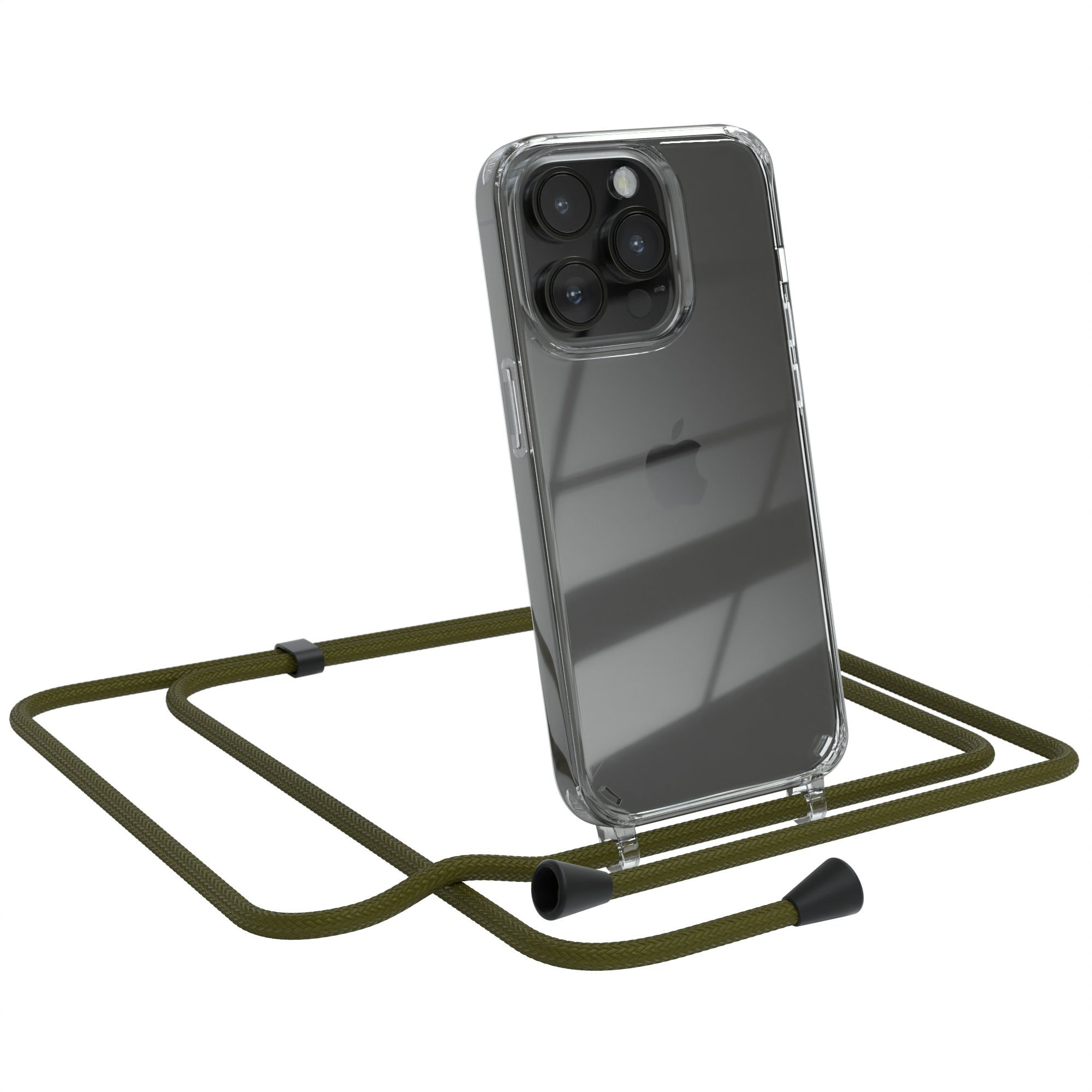 EAZY CASE Handykette Clips Schwarz für Apple iPhone 14 Pro 6,1 Zoll, Handykette mit Band Cross Bag für Mann und Frau Festivalbag Olive Grün