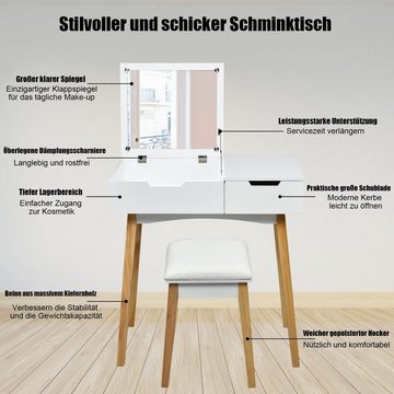 COSTWAY Schminktisch Frisiertisch, mit Hocker, Klappspiegel und Schublade, Weiß