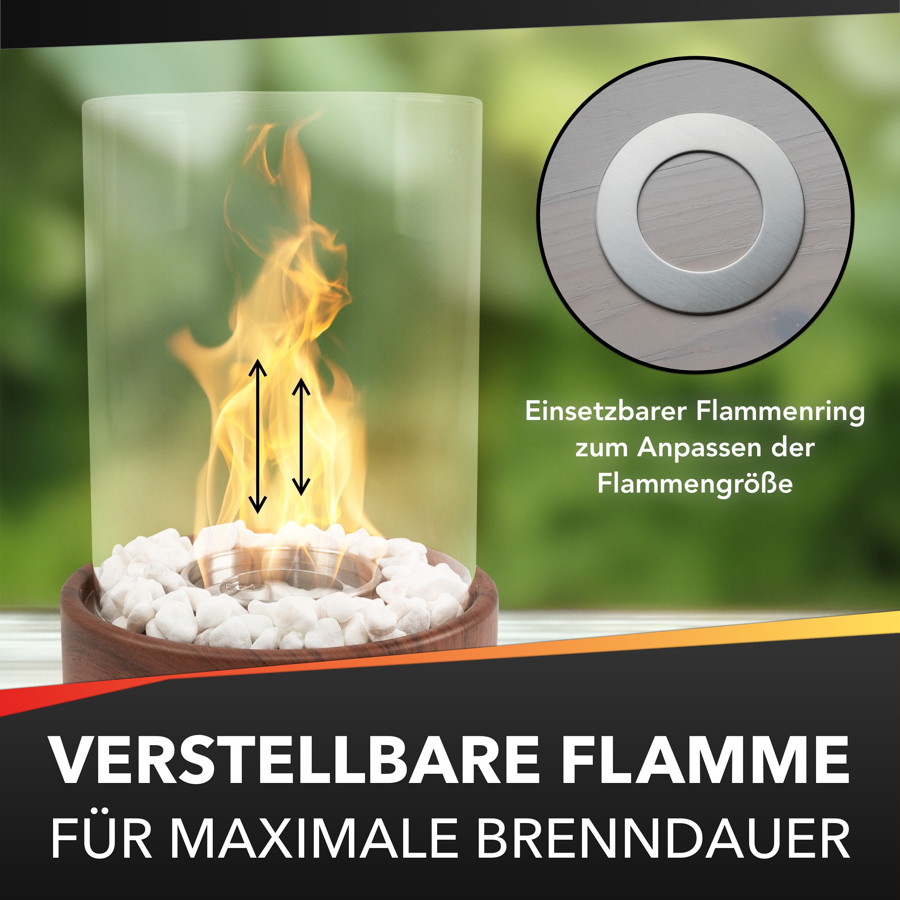 Flammenfuchs Tischfeuer in edler Holzoptik, Bio-Ethanol Tischkamin, Verstellbare Flammengröße, Ersatzbrenner für unendliche Brenndauer – Bild 4 von 5
