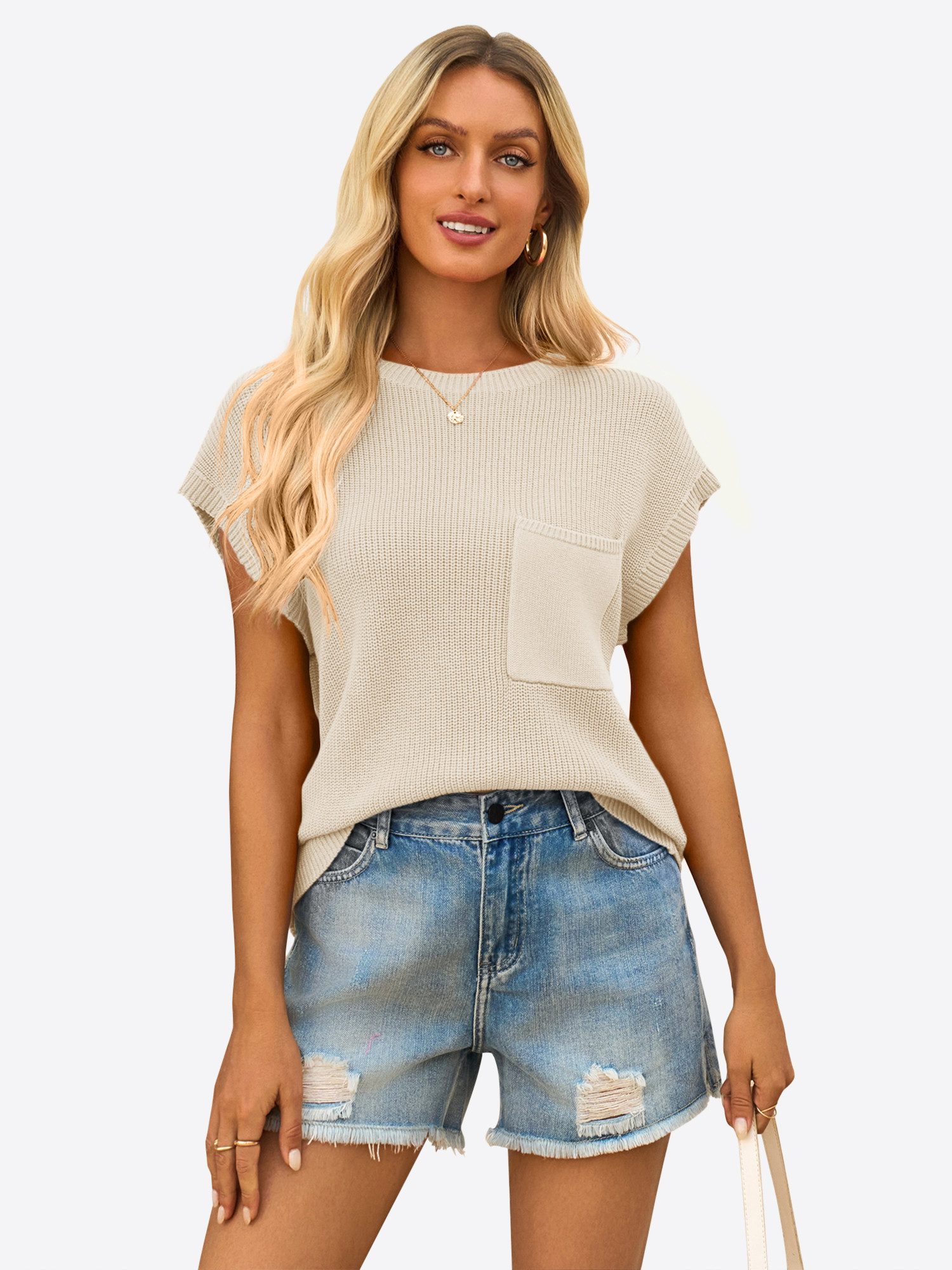 Imily Bela Kurzarmpullover Damen Trendige Pullover Tops aus Rippstrick (Packung, 1-tlg., 1per-Pack) einfarbig