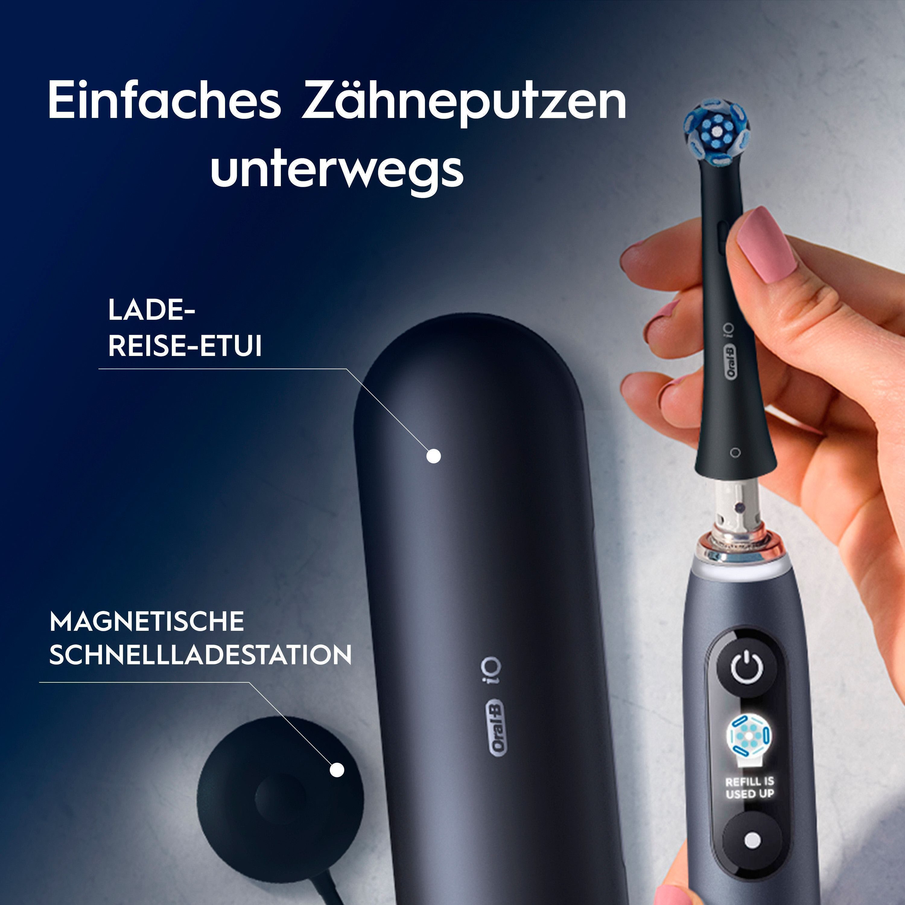 Oral-B Elektrische Zahnbürste Oral-B iO Series 9, Aufsteckbürsten: 2 St., 2 Aufsteckbürsten, 7 Putzmodi für Zahnpflege, 3D-Analyse, Farbdisplay & Lade-Reiseetui