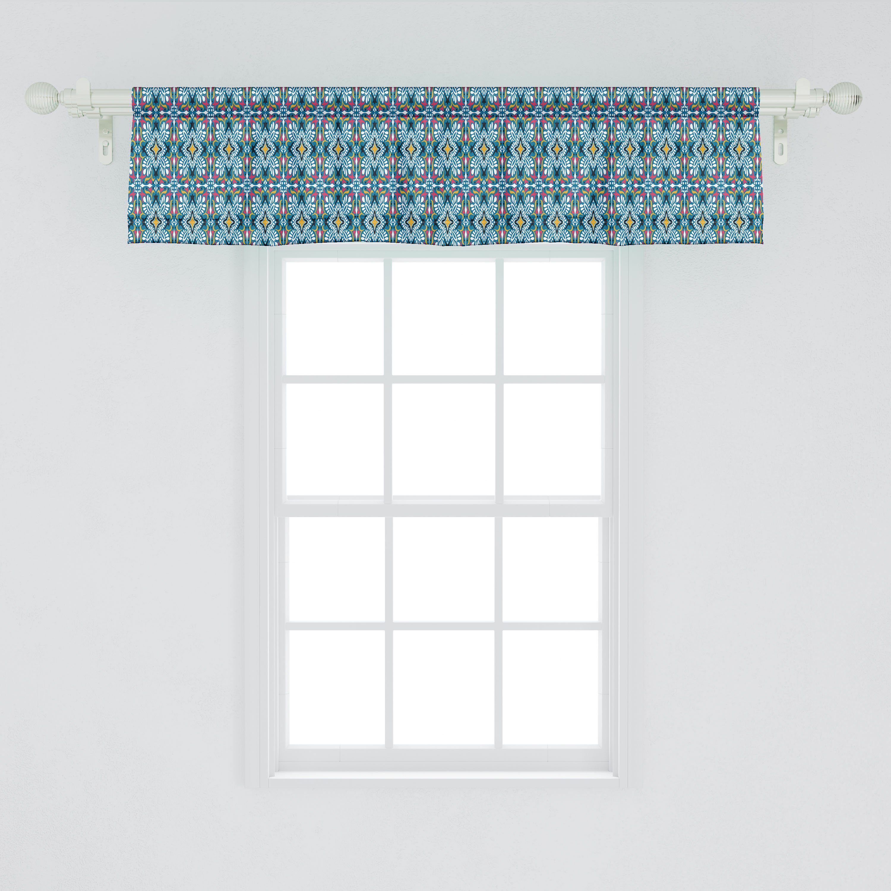 Scheibengardine Vorhang Volant Microfaser, für Abakuhaus, Schlafzimmer Stangentasche, Küche Boho mit Dekor Azulejo-Art-Blumenfliesen-Kunst