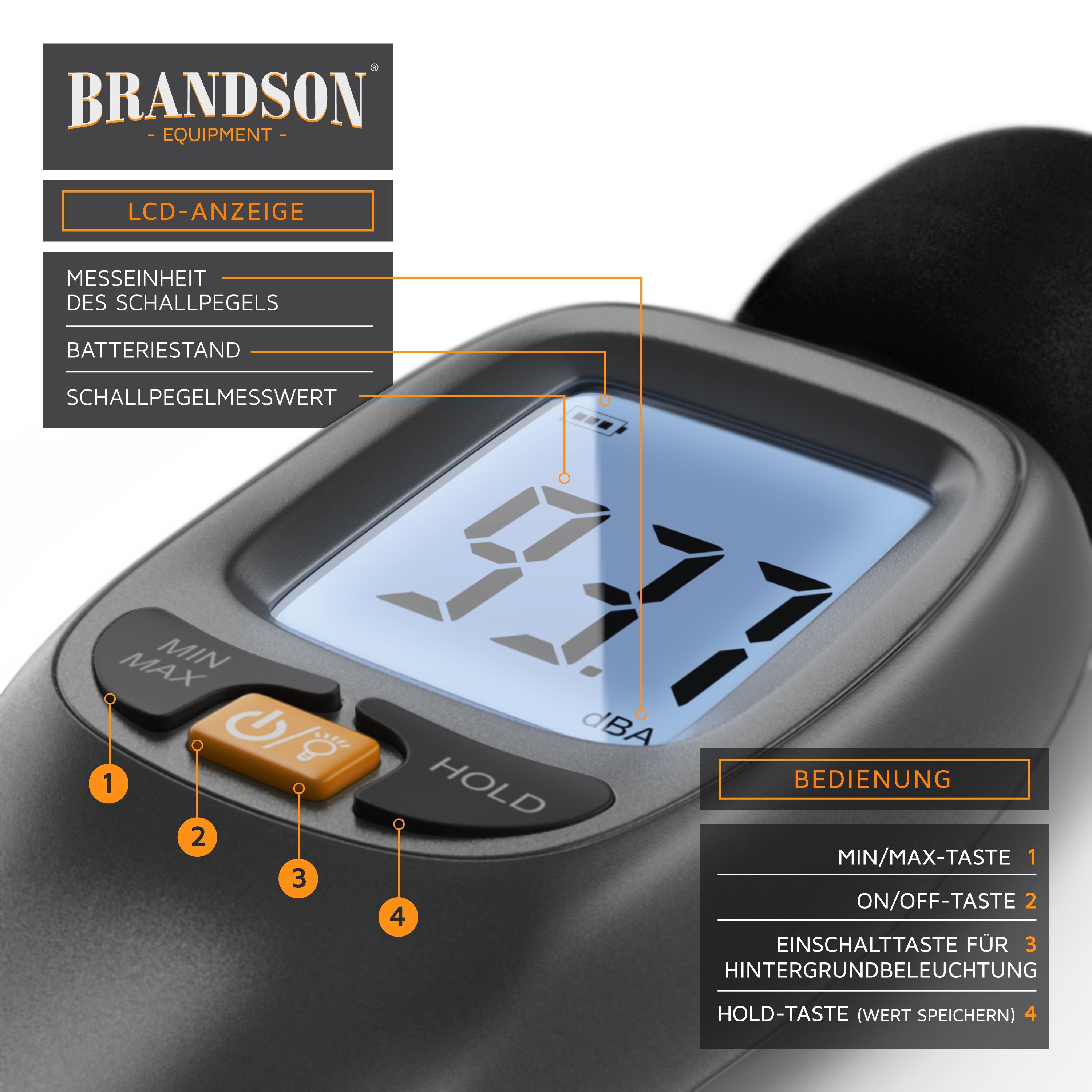 Brandson Elektrowerkzeug-Set digitales Schallpegelmessgerät 35 dB(A) bis 130 dB(A), LCD-Display, 1-tlg., für Lärmmessung in Büro, Werkstatt und Zuhause, mit Win – Bild 4 von 5