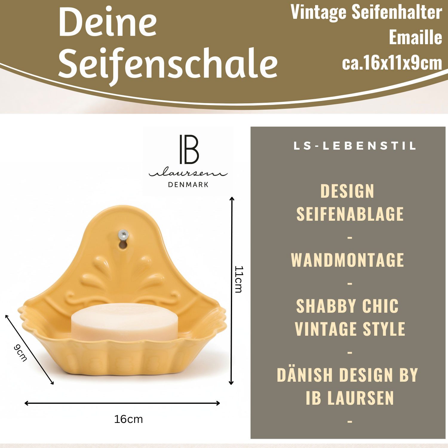 LS-LebenStil Seifenschale IB Laursen Emaille Gelb 16cm Wandmontage Seifenhalter, Breite: 11.00 cm, Wandbefestigung Seifenablage Seifenhalterung für Bad oder Küche, 1-St., oder als Seifenhalter Schwammhalter in Dusche Badewanne