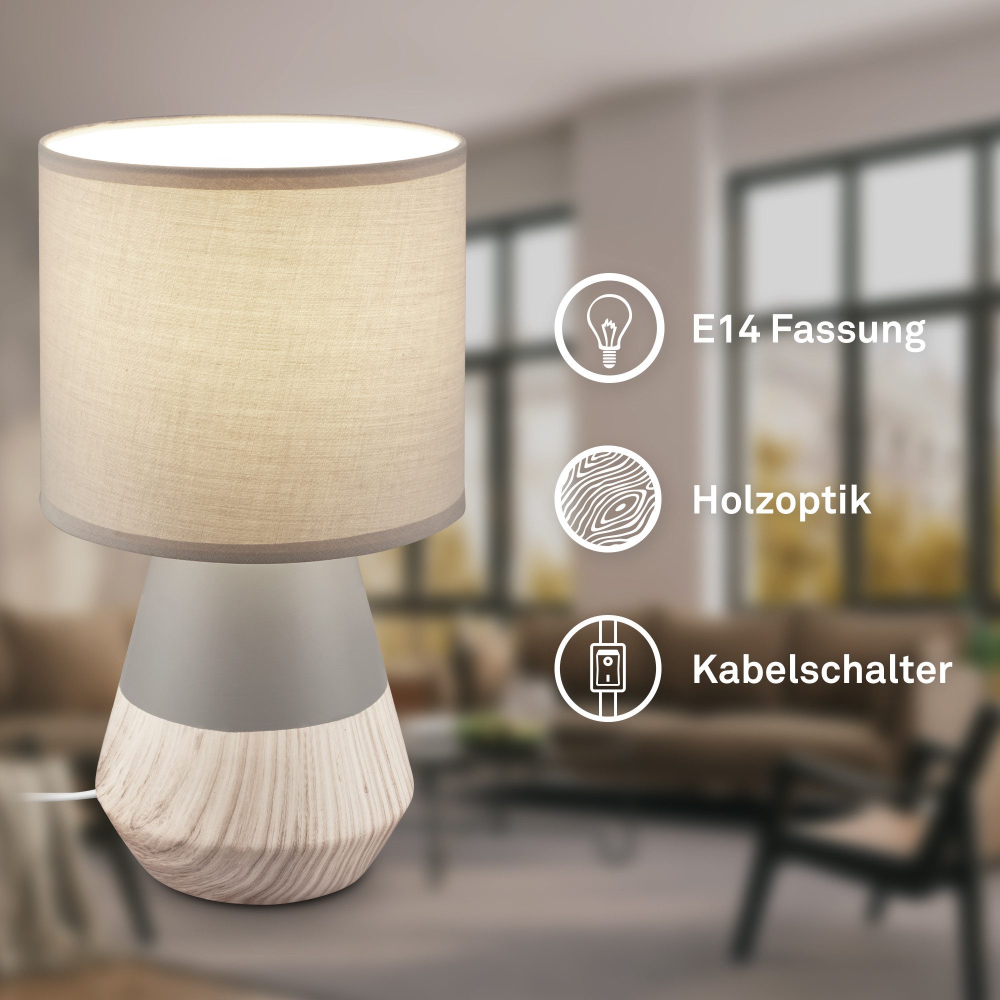 Briloner Leuchten LED Tischleuchte Tischlampe Keramik E14 Stoffschirm Kabelschalter, ohne Leuchtmittel, Abhängig vom Leuchtmittel, 18x34 cm, Schlafzimmer, Wohnzimmer, Flur