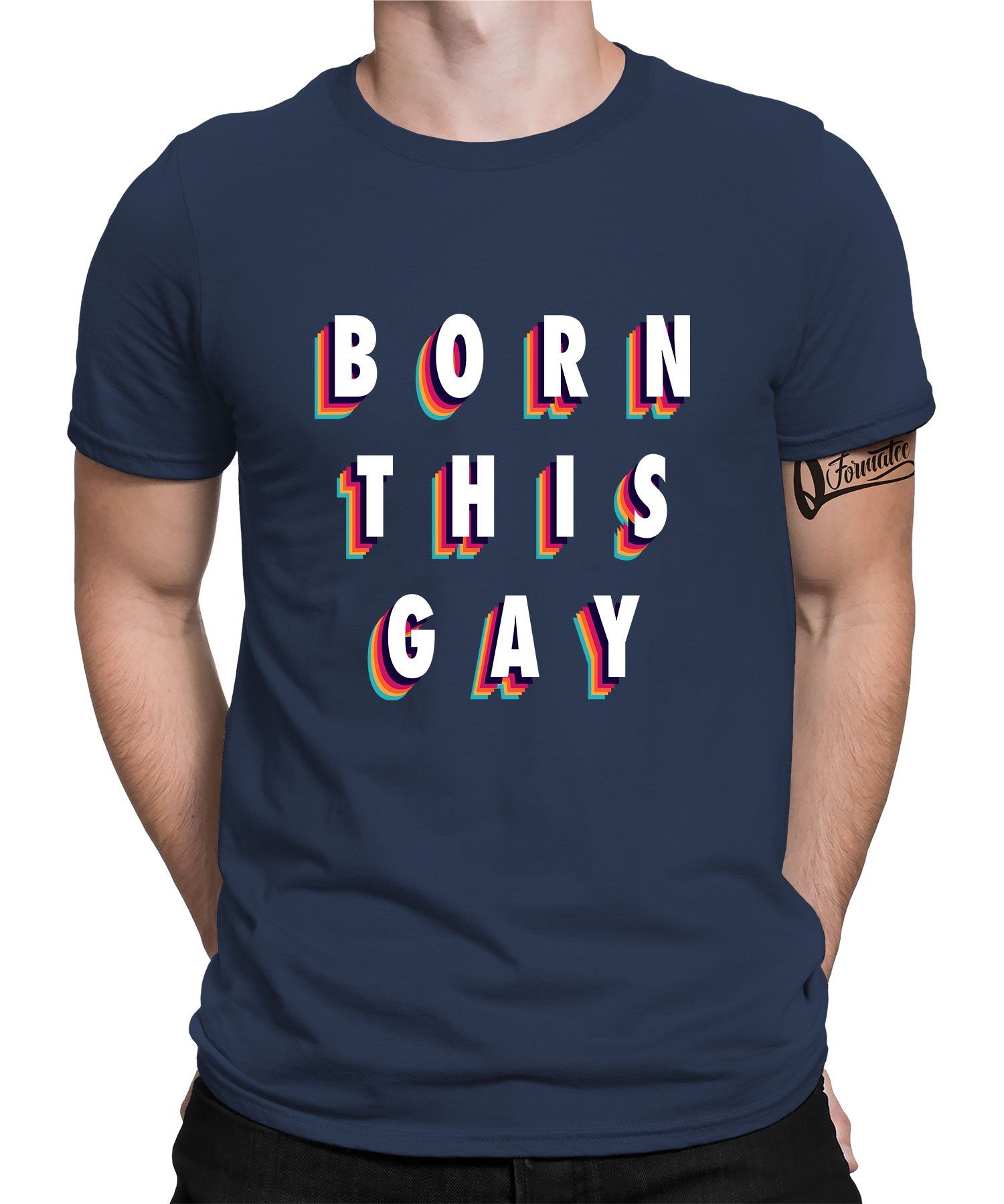 Quattro Formatee Kurzarmshirt Born this Gay - Stolz Regenbogen LGBT Gay Pride Herren T-Shirt (1-tlg) Navy Blau