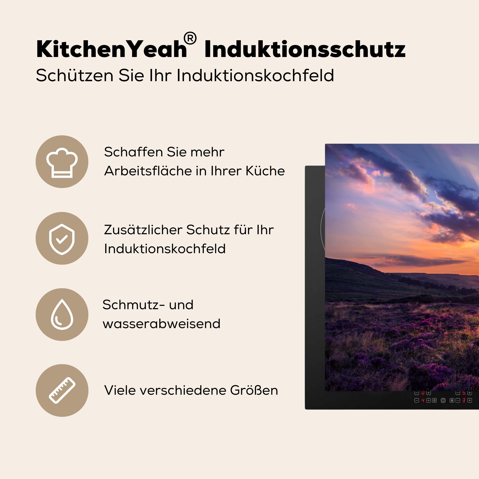 Heidelandschaft, Schutz tlg), der cm, (1 die 81x52 Sonnenuntergang in küche, für Herdblende-/Abdeckplatte Vinyl, Ceranfeldabdeckung MuchoWow Induktionskochfeld