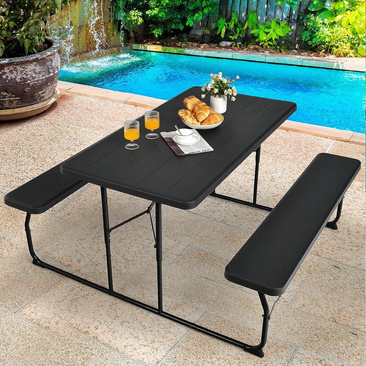 KOMFOTTEU Campingtisch 136 x 72 cm x 151 schwarz Picknicktisch, für 4 Personen