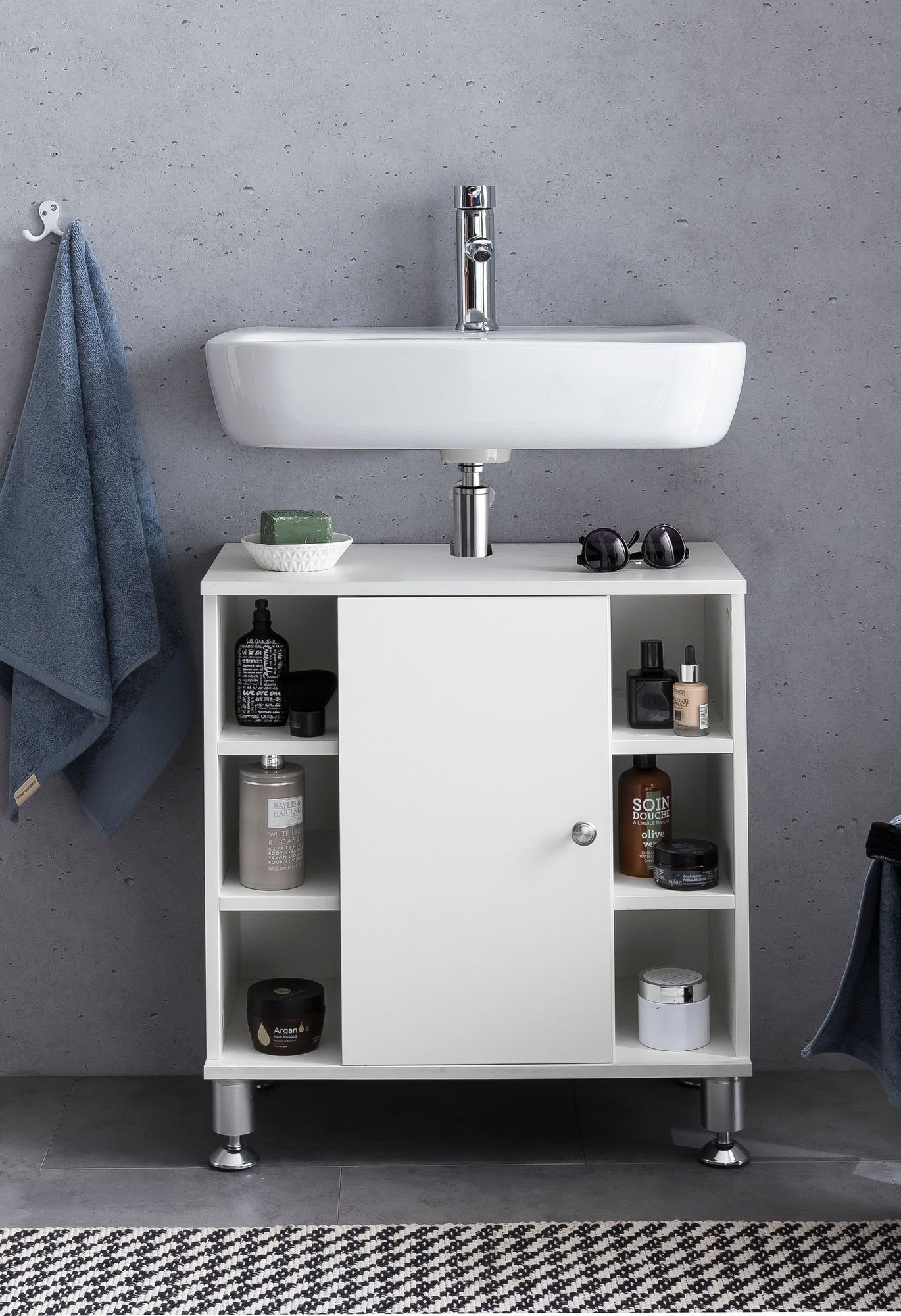 FINEBUY Waschbeckenunterschrank FB51510 (60 x 32 64 Weiß, Waschtischunterschrank Waschbecken, Tür) Badschrank cm Unterschrank mit x