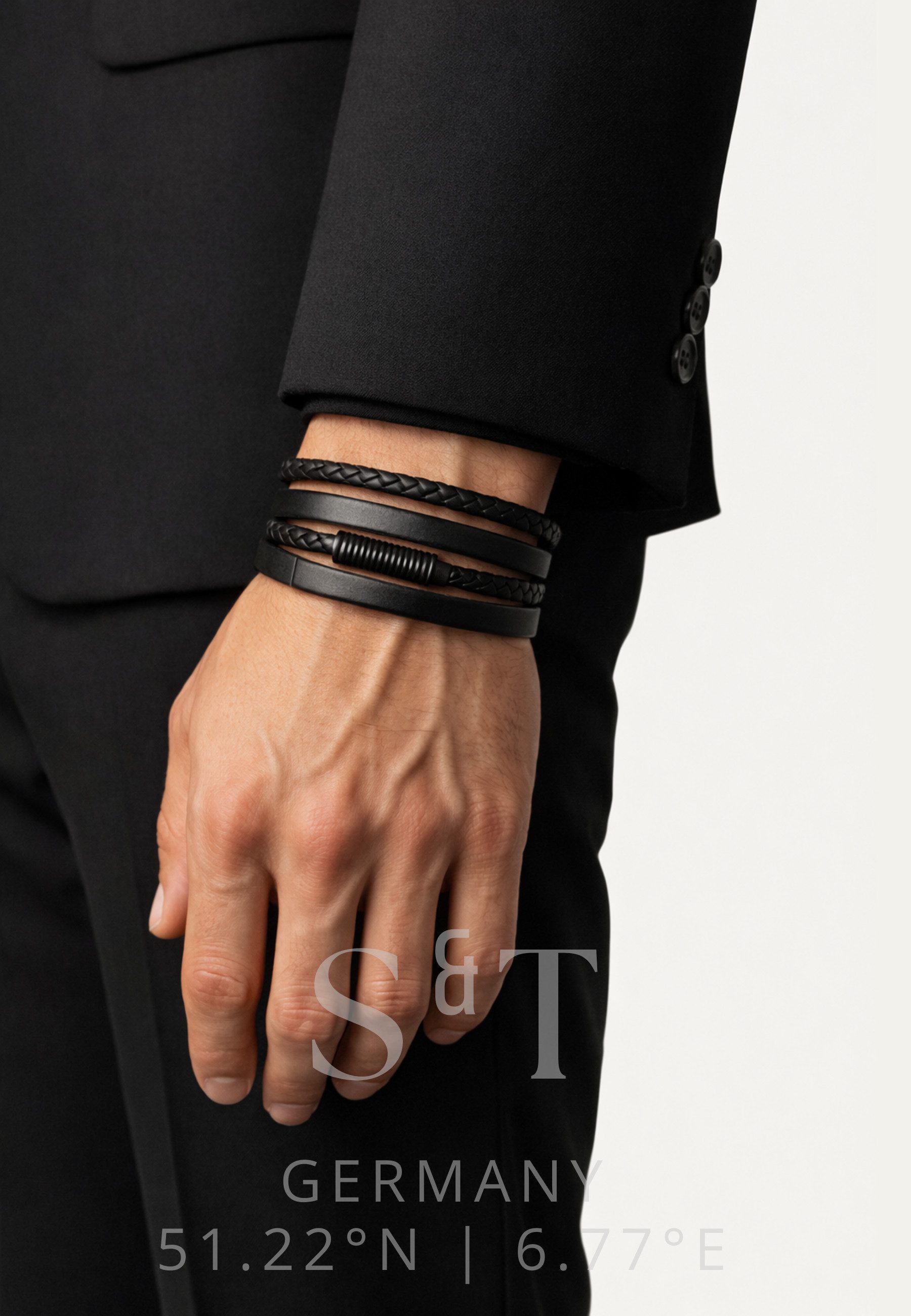 S&T Design Lederarmband Herren Armband Schwarz Schmuck Edelstahl (Geschenkebox (Etui), Geflochten), Magnetverschluss & Verlängerung Geschenk für Männer Söhne Kinder