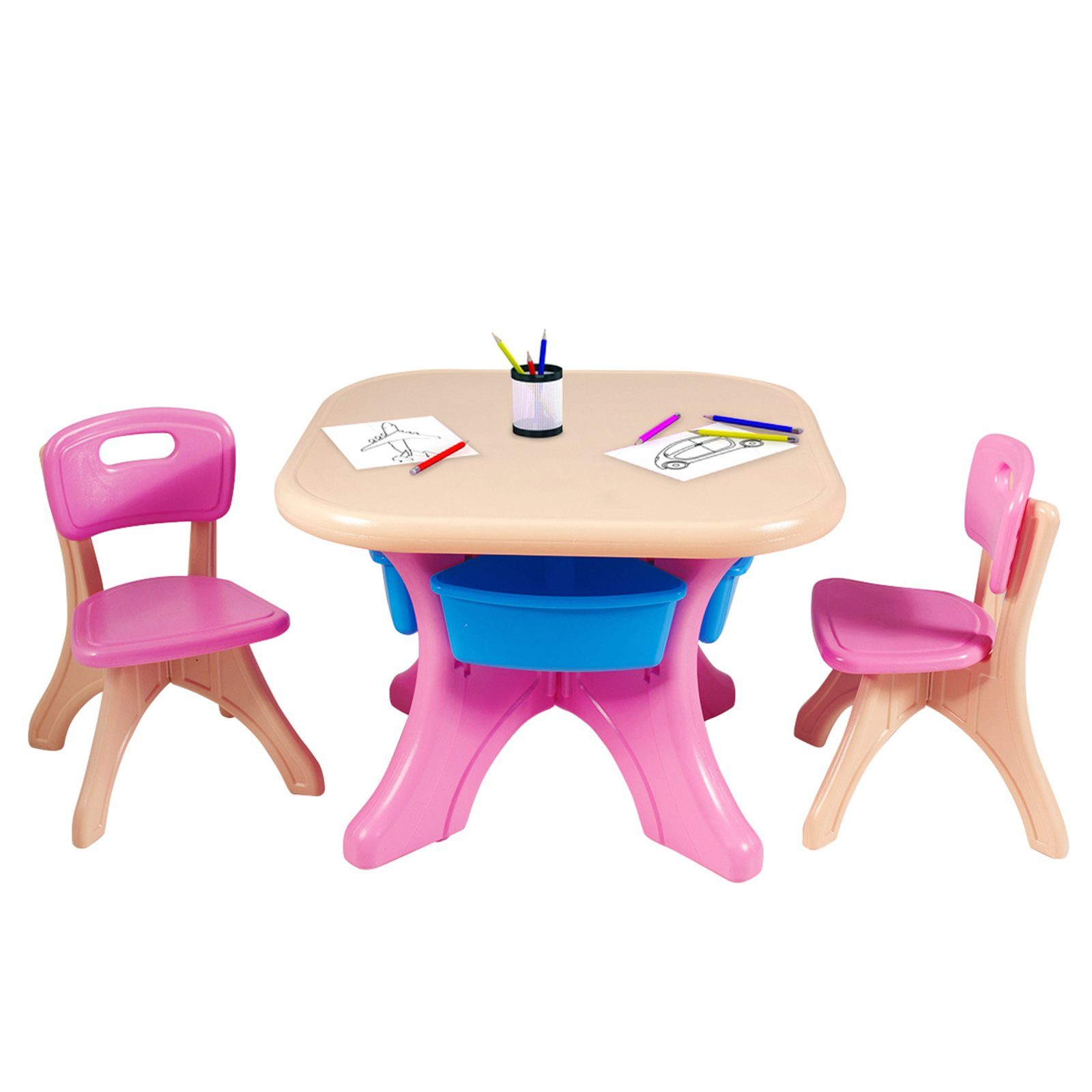 mit Kunststoff 2 Stauraum, Stühlen&Kindertisch, Rosa COSTWAY Kindersitzgruppe, mit