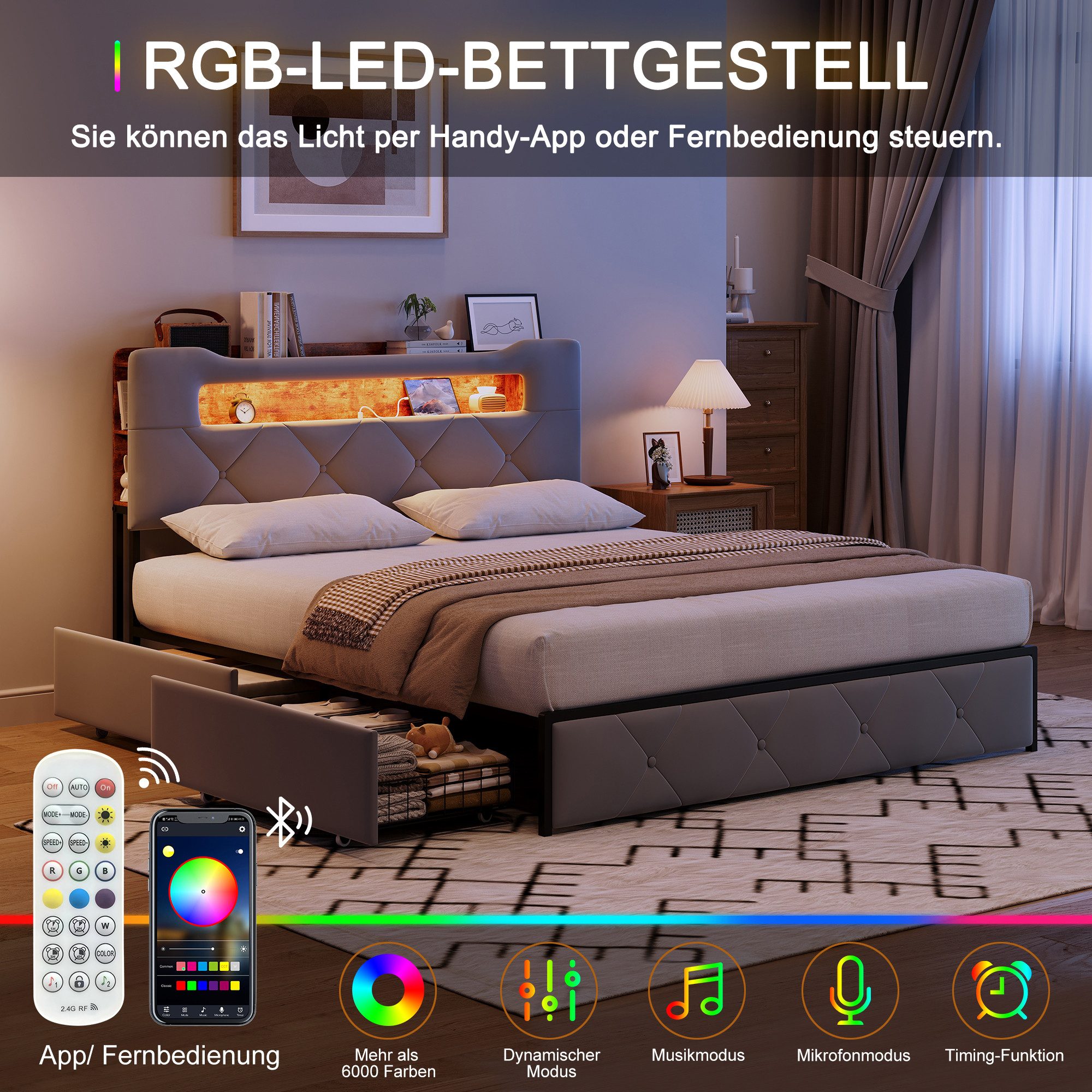 ADWOLT Polsterbett Doppelbett Stauraumbett mit 4 Schubladen Samtstoff, 160x200 cm,Mit USB+TYPE-C,LED-Beleuchtung,Schubladen mit Rädern,Grau – Bild 2 von 5