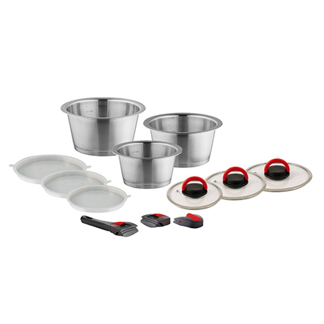 Kuppels Topf-Set QUICK CLACK PRO, Edelstahl 18/10 (Kochgeschirr, Campinggeschirr, Je 3 Basistöpfe, Griffe, Topf- und Frischhaltedeckel), mit abnehmbaren, austauschbaren Griffen, 12-teilig