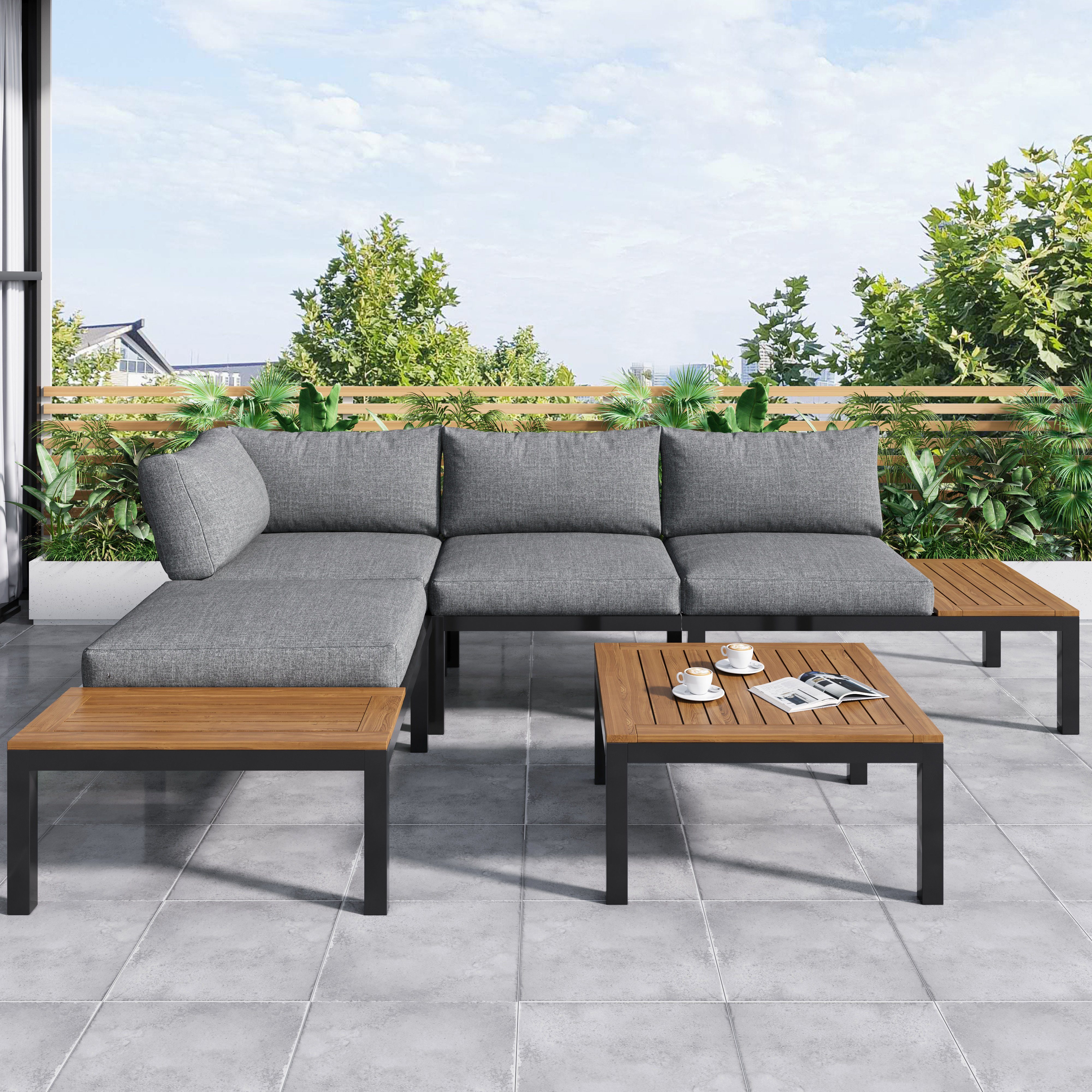 Merax Gartenlounge-Set aus Akazienholz für 4 Personen, Gartenmöbel set mit Eisenrahmen, (3-tlg), Balkonmöbel Set, Sitzgruppe, Garten-Garnitur mit Kissen, Lounge-Set