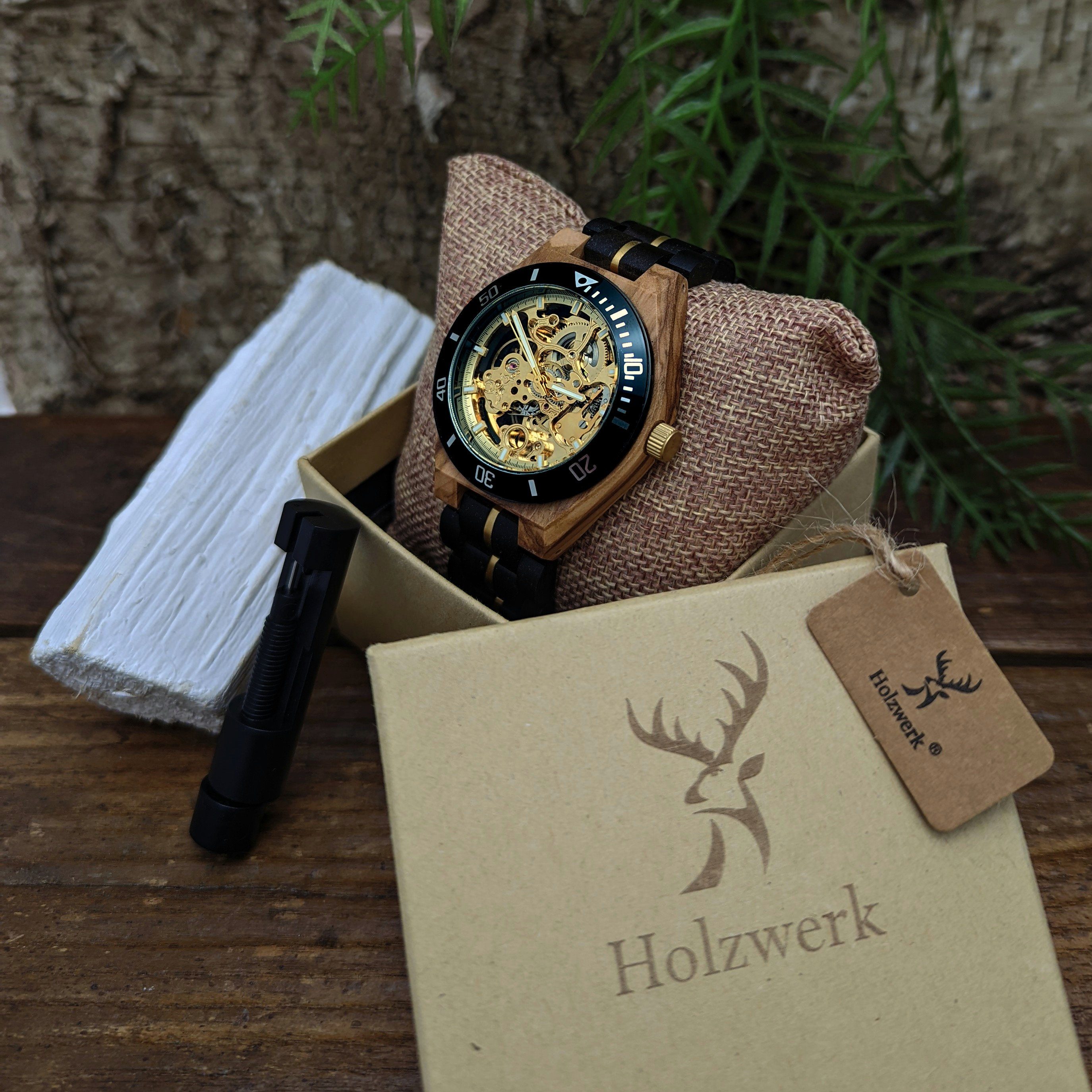 Armband Herren in Edelstahl beige, schwarz, Uhr gold CALAU Automatikuhr Holzwerk & Holz