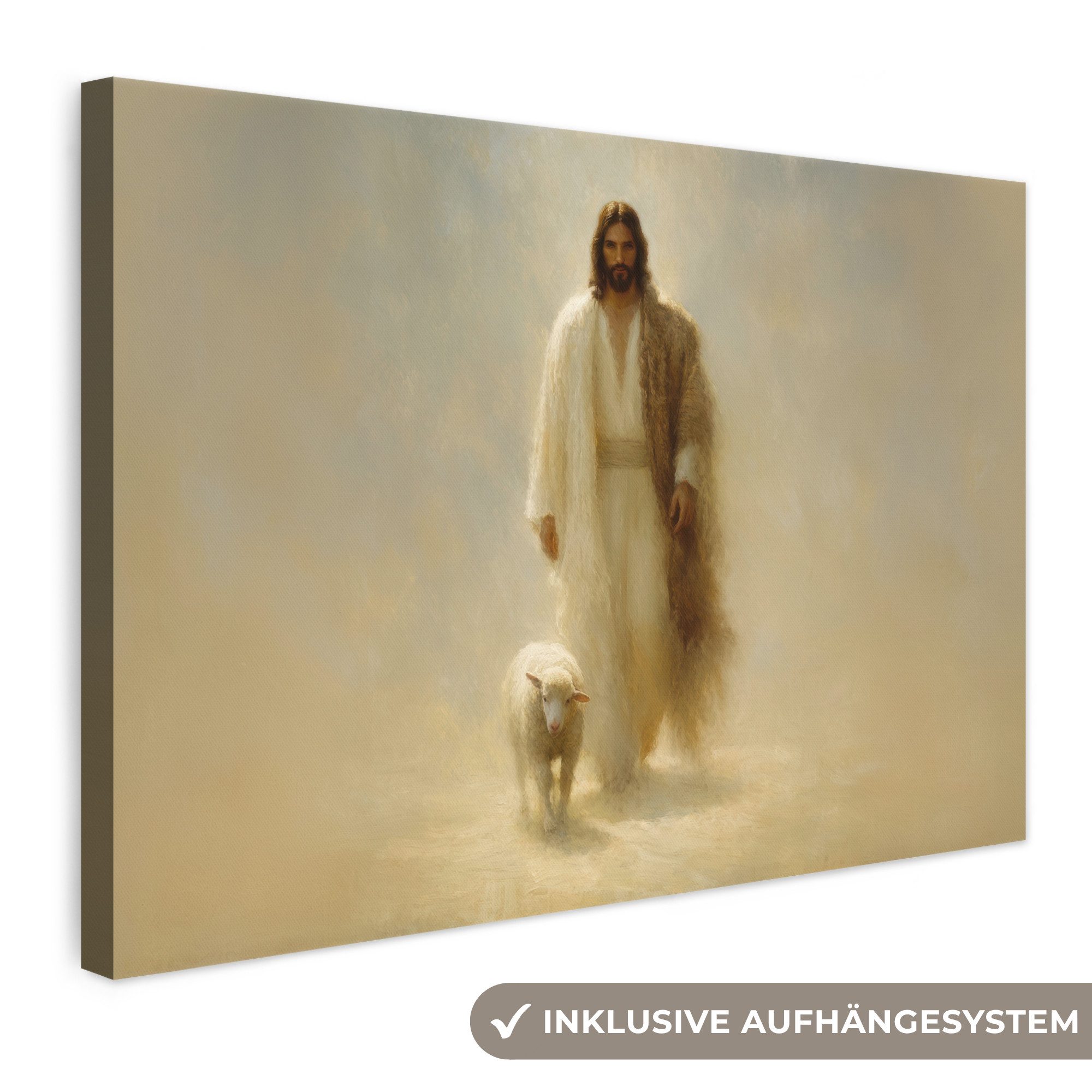 OneMillionCanvasses® Leinwandbild Schaf - Jesus - Pinselstriche - Abstrakt, Fotodruck (1 St), Leinwand Bilder Klein, Wand Dekoration Aesthetic 30x20 cm