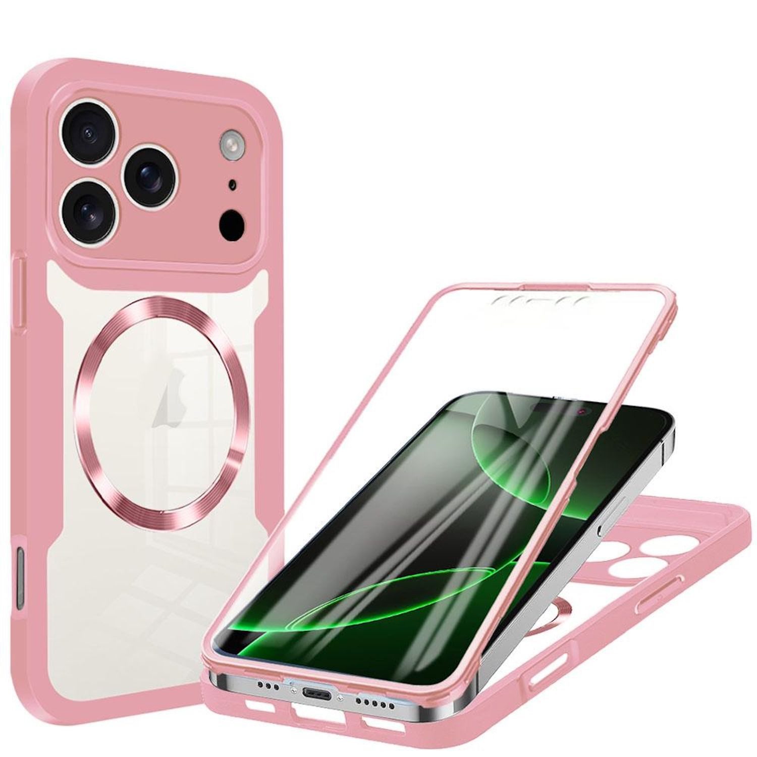 Wigento Handyhülle Für Apple iPhone 17 Pro MagSafe Ring Full Body 360 Grad TPU Hülle Rosa, MagSafe 360 Grad Schutz Schutz Hülle