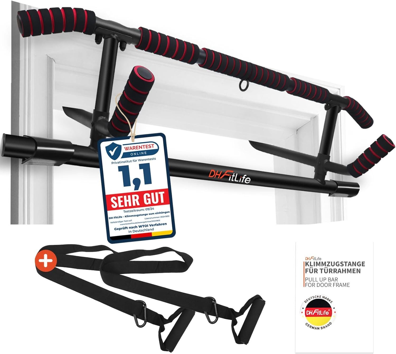 DH FitLife Klimmzugstange Türrahmen mit Hammergriffen (ohne Schrauben, für Türrahmen 70-92 cm), inkl. Schlingentrainer, zum Einhängen