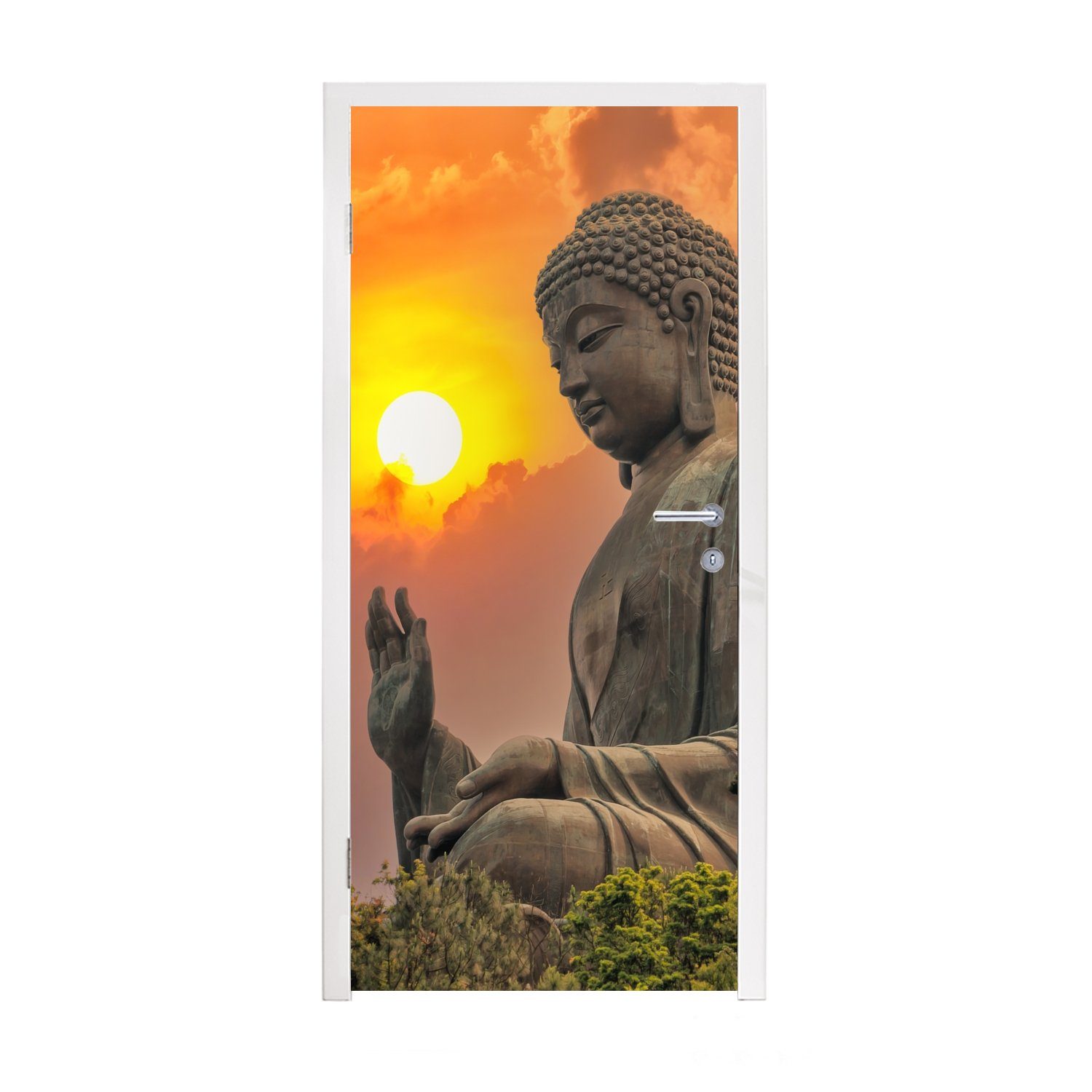 Türaufkleber, Buddha-Statuen - Türtapete St), Buddha Tür, 75x205 Pflanzen, Sonnenuntergang cm - MuchoWow für bedruckt, - (1 Matt, Fototapete