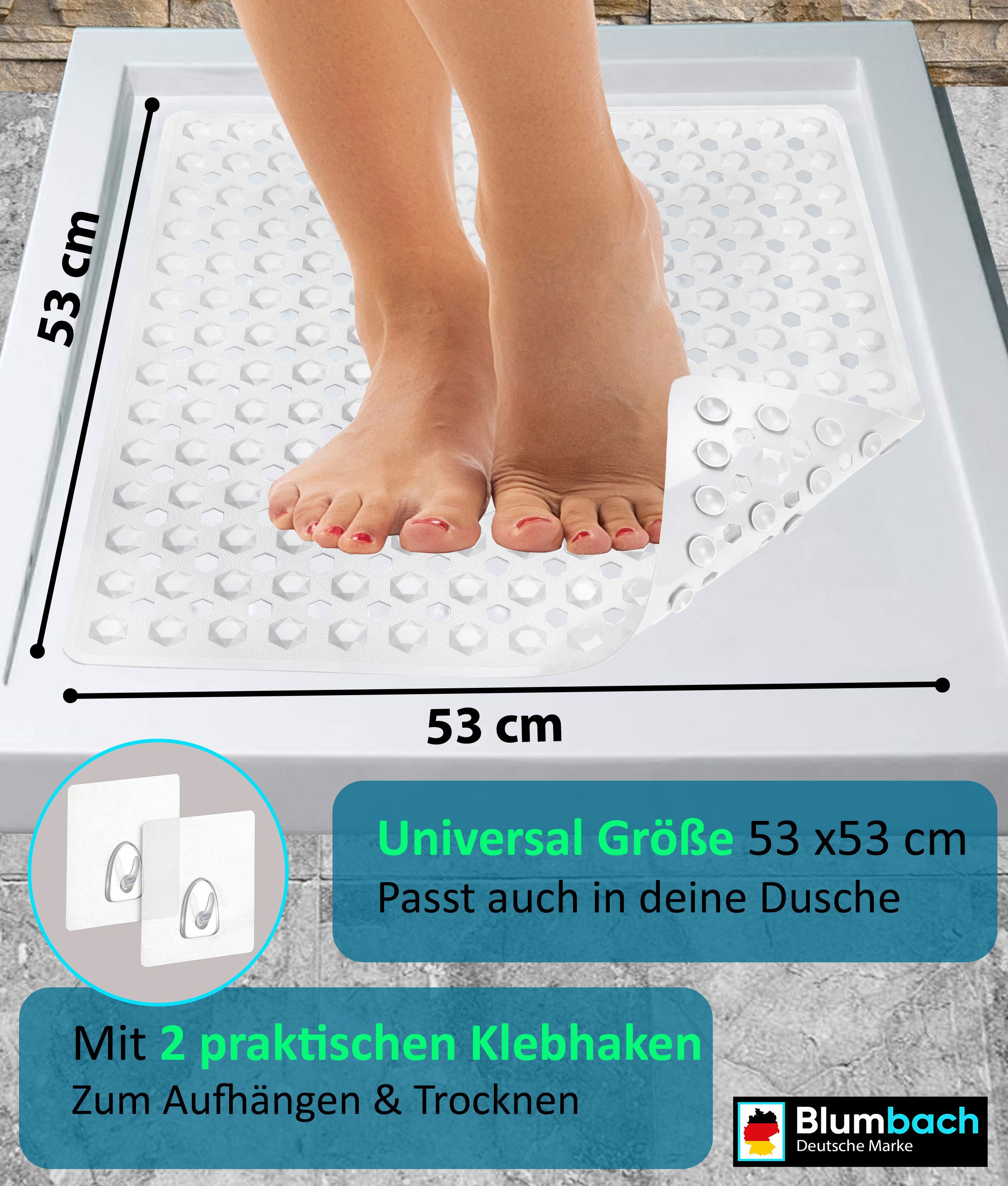 Blumbach Duschmatte - griffige Antirutschmatte Diamant 53 x 53 cm, - 100% BPA-frei, inkl. 2 Haken zum Aufhängen, Duscheinlage, schimmelressisten & maschinenwasc – Bild 3 von 5