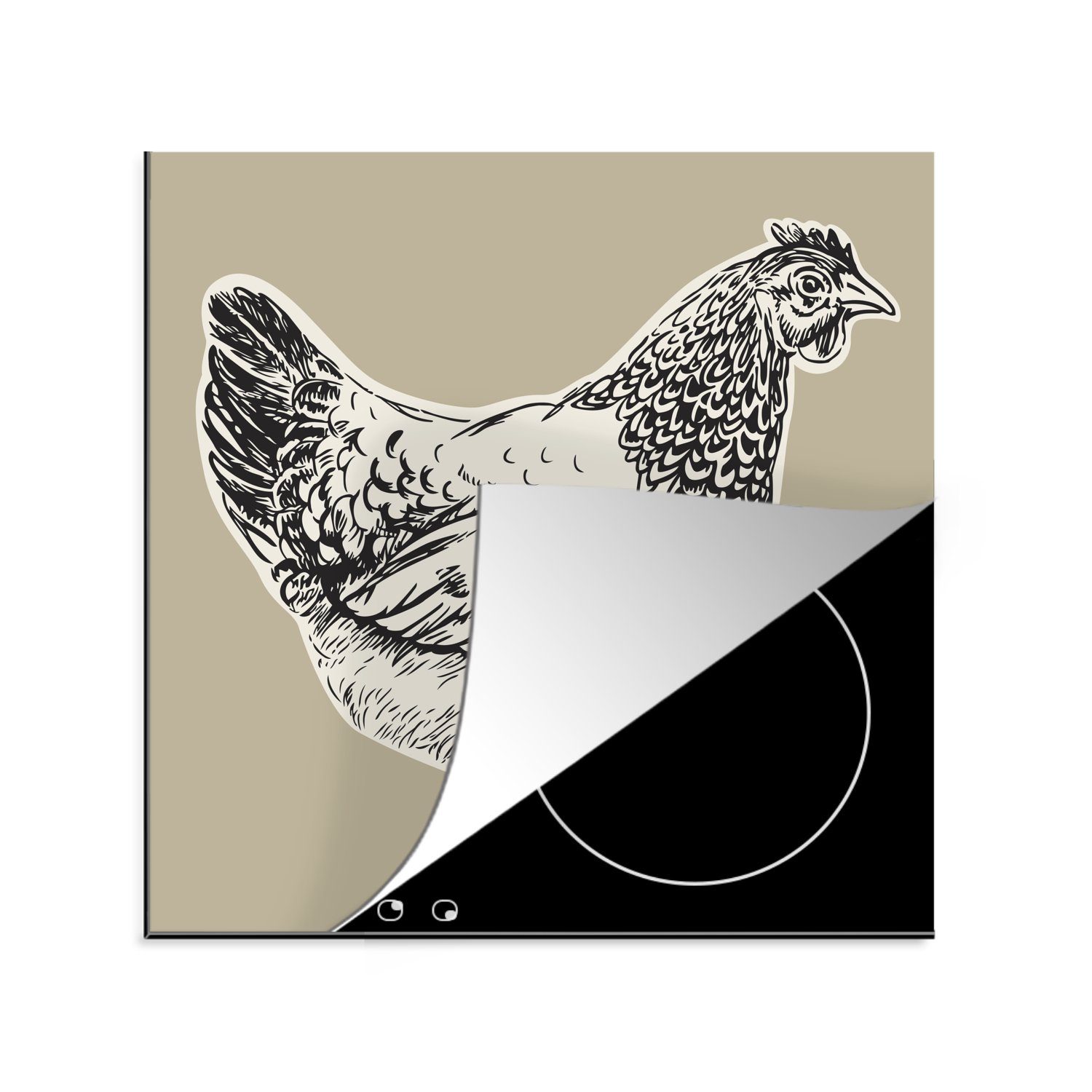 MuchoWow Herdblende-/Abdeckplatte Tiere - Huhn - Schwarz - Weiß, Vinyl, (1 tlg), 78x78 cm, Ceranfeldabdeckung, Arbeitsplatte für küche
