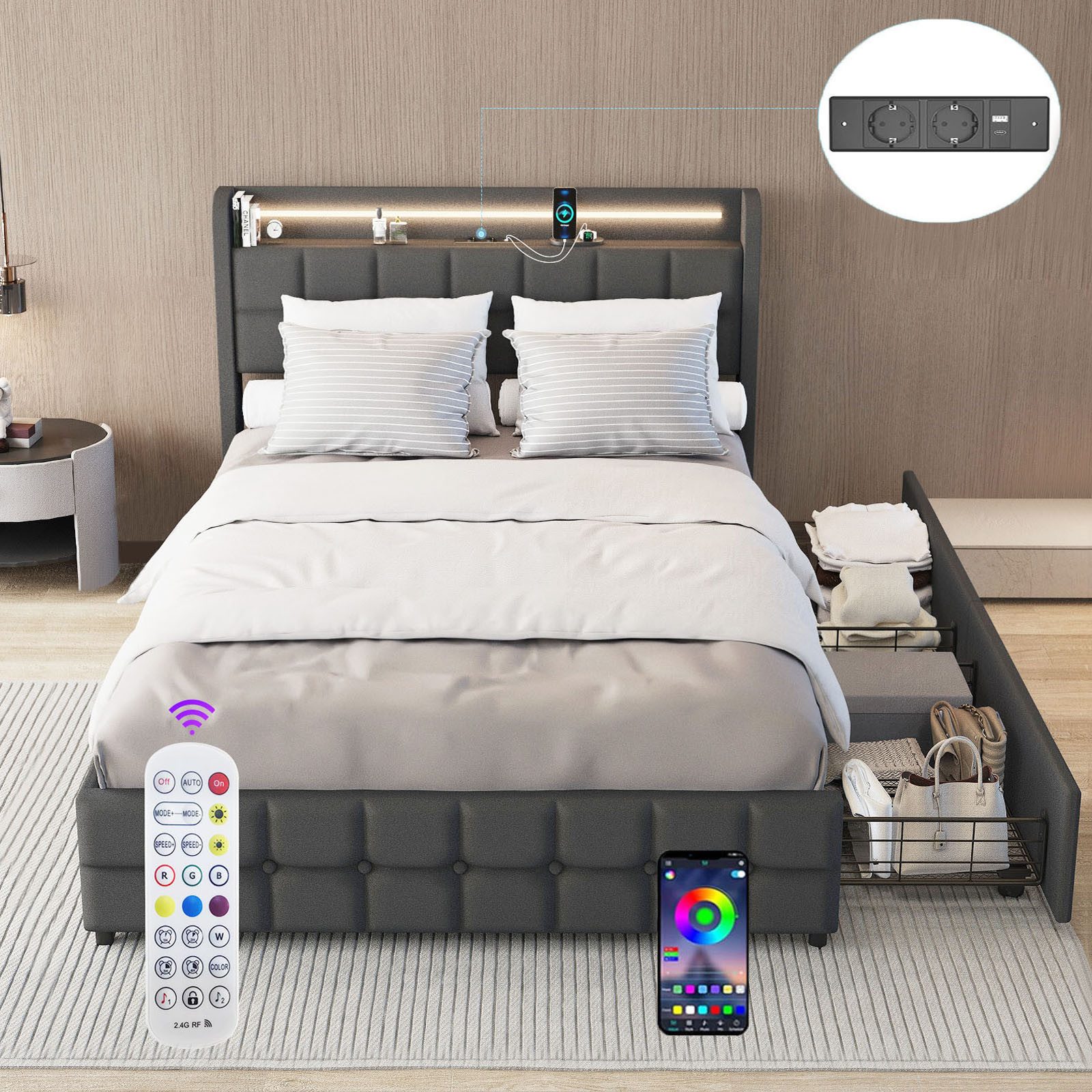 oyajia Polsterbett LED Doppelbett 140x200cm mit Ladefunktion und 2 Schubladen Polsterbett, Einzelbett Bettgestell mit Kopfteil und Lattenrost, Leinen Polsterbett