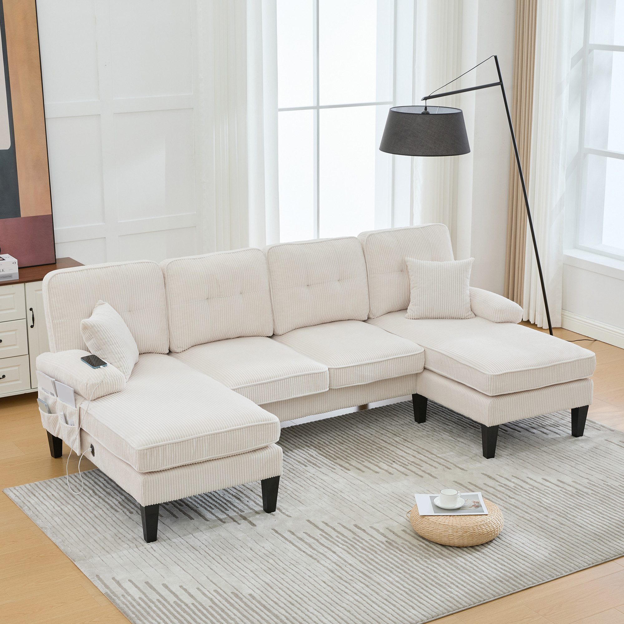 TavilaEcon Ecksofa Modernes 4-Sitzer U-Sofa mit Doppel-Chaise-Longue, 1 Teile, aus weichem Leinenstoff, mit komfortabler Polsterung