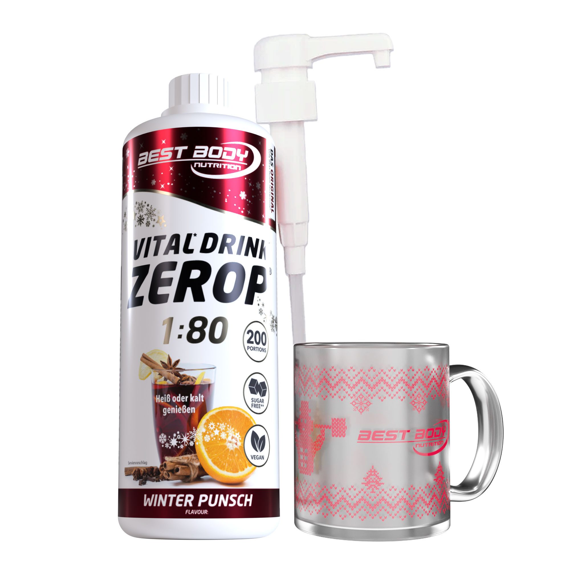 Best Body Nutrition Vital Drink Zerop Bundle - Winter Punsch - mit Becher & Dosierpumpe Sirup