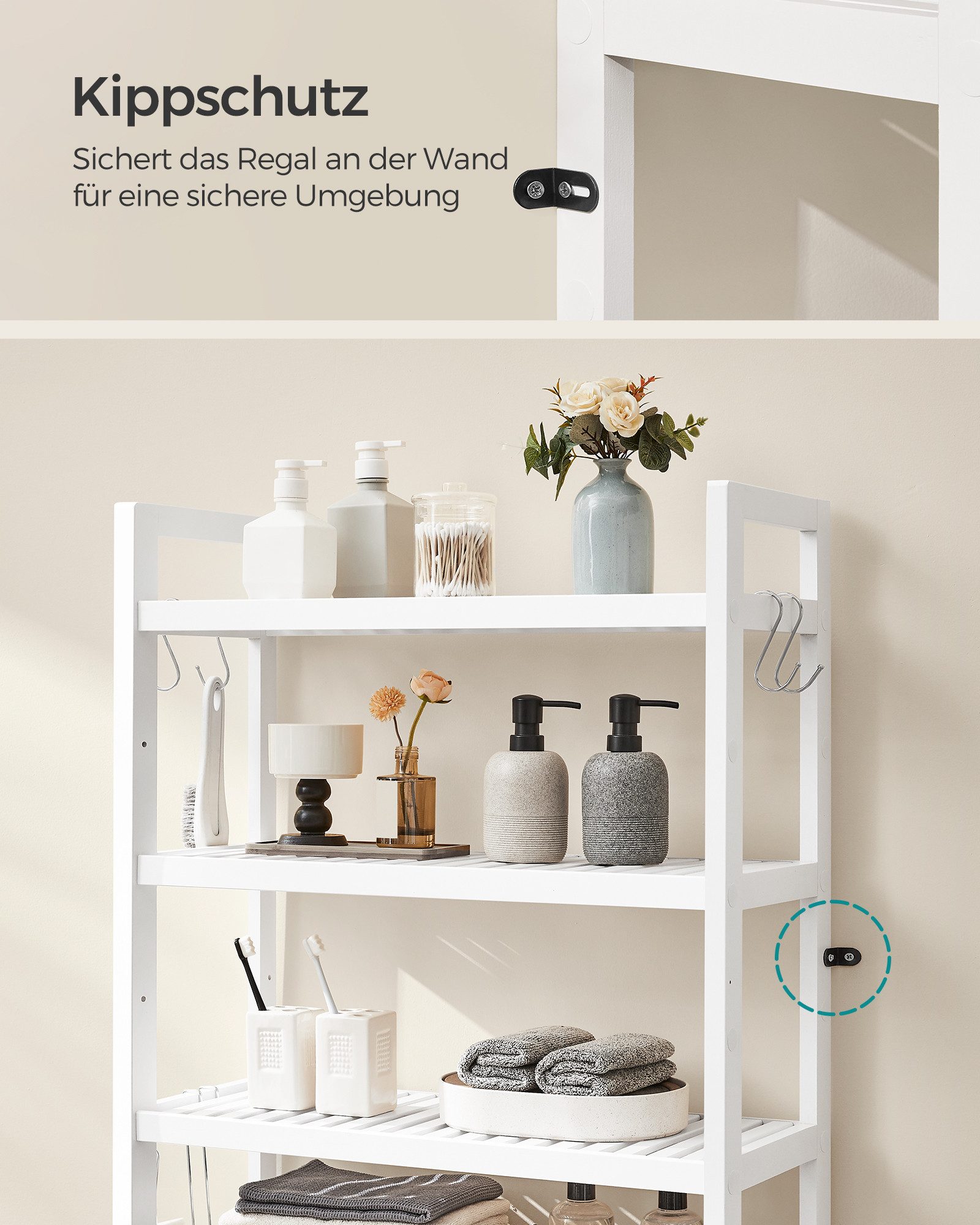 SONGMICS Badregal Toilettenregal, Badezimmerregal, geeignet für die meisten Toiletten, 4-stöckiges Badregal, verstellbare Ablagen, platzsparend – Bild 5 von 5