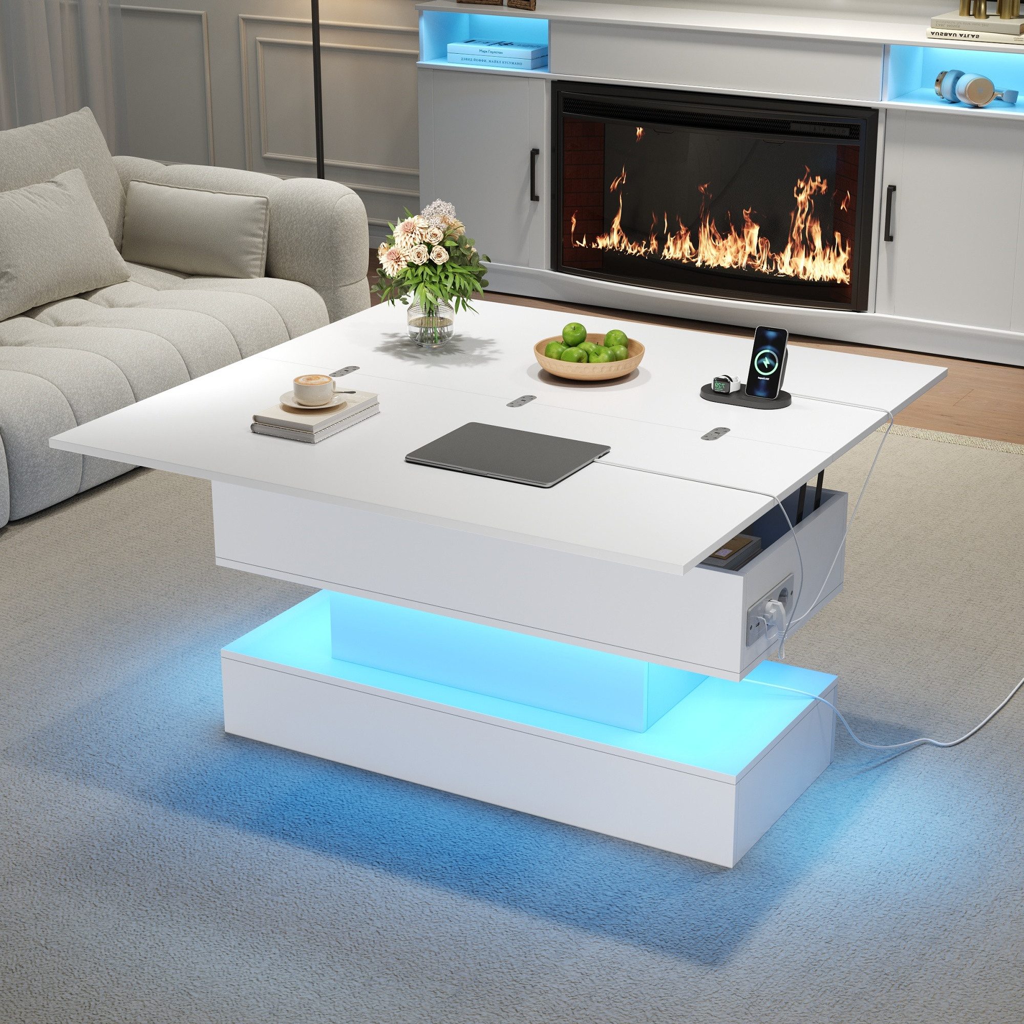 OKWISH Couchtisch anhebbarer Kaffeetish mit Stauraum (höhenverstellbar Sofatisch, Satztisch, Beistelltisch, 1-St., 100*50*51.5cm), mit LED, Steckdose, USB-C und USB-Ladebuchse