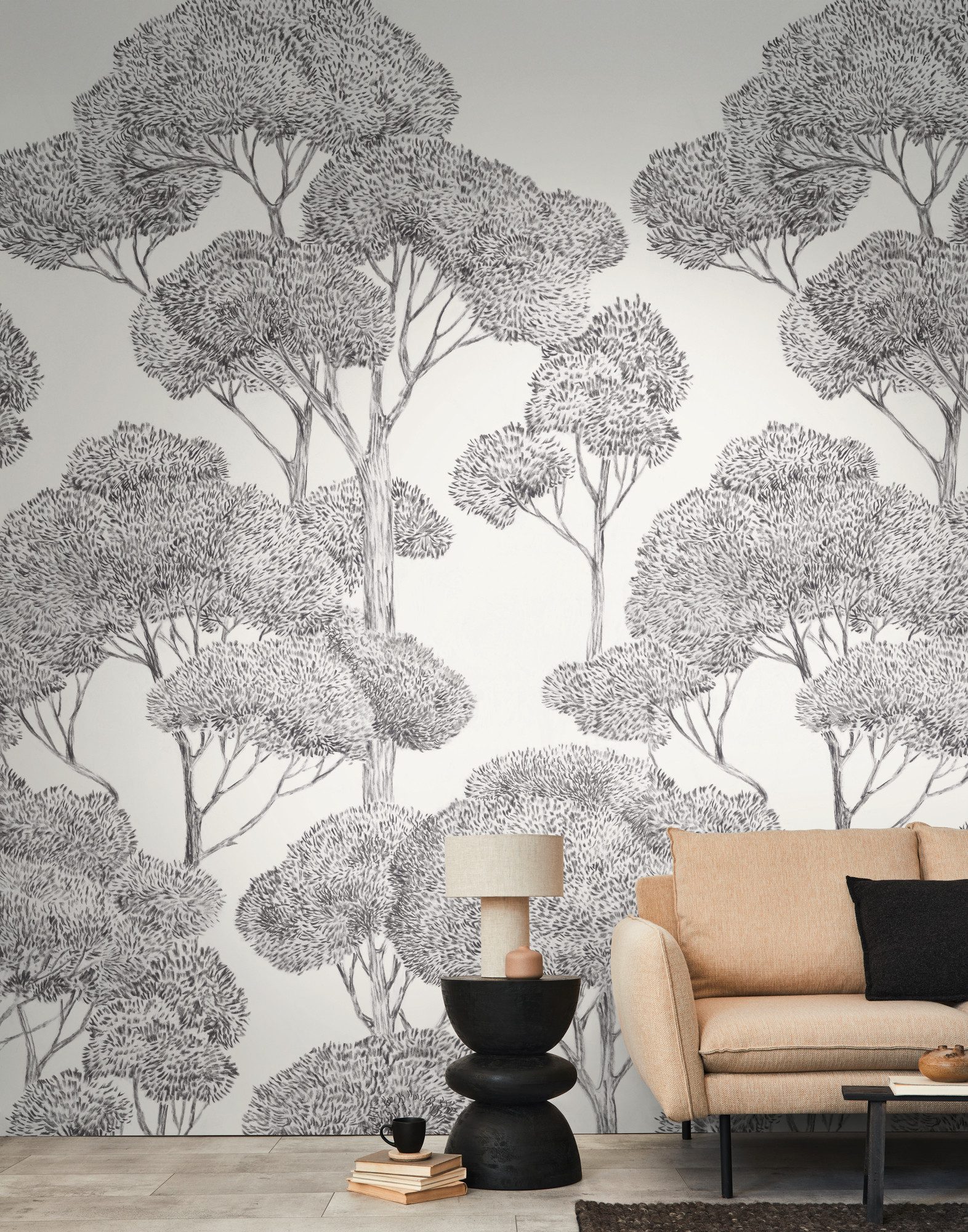 living walls Vliestapete Vibes & Styles Silvanor – Forest Sketch Fototapete, leicht strukturiert, Comic, (1 St), Stilisierte Baumlandschaft mit feinen Linien und ruhiger Tiefenwirkung