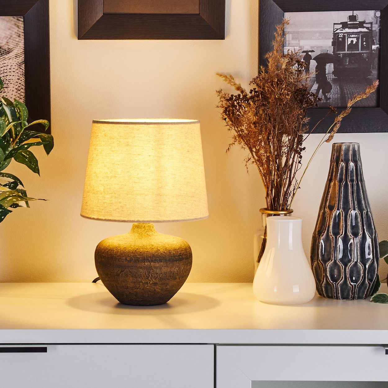 hofstein Tischleuchte Lese Nacht Tisch Lampen Stoff Keramik Braun Wohn Schlaf Zimmer Raum