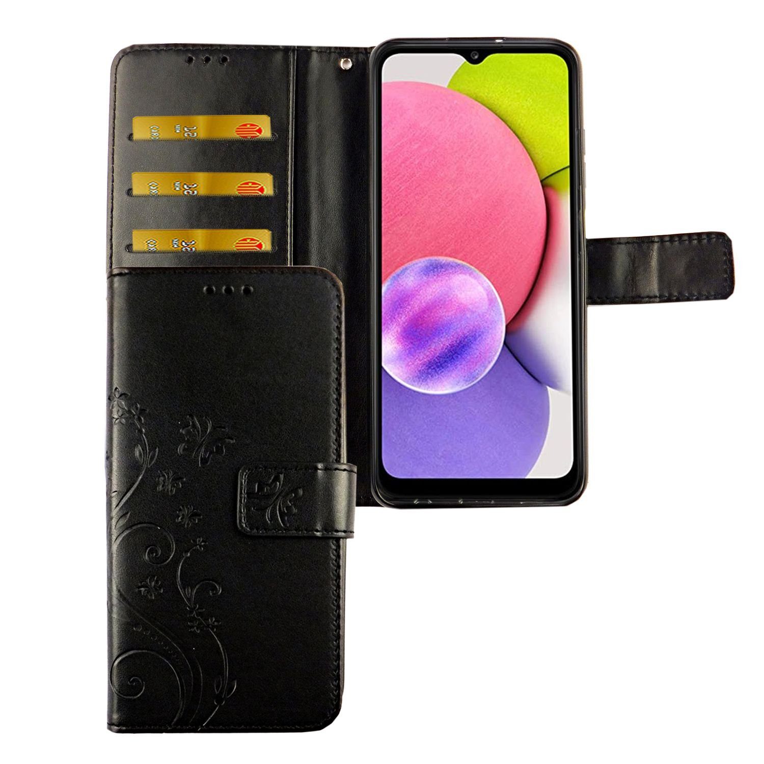 König Design Handyhülle Samsung Galaxy A02s, Schutzhülle für Samsung Galaxy A02s Tasche Handy Hülle Schutz-Cover Flip-Case mit Kartenfach Schwarz Schwarz