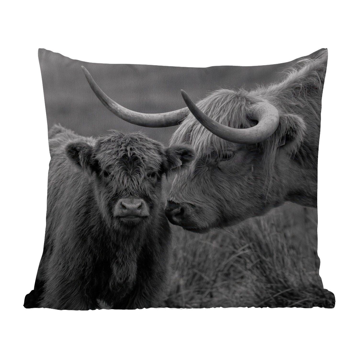 MuchoWow Dekokissen Schottischer Highlander - Kalb - Schwarz - Weiß, Kissenbezüge, Kissenhülle, Kissen, Outdoor, 40x40 cm