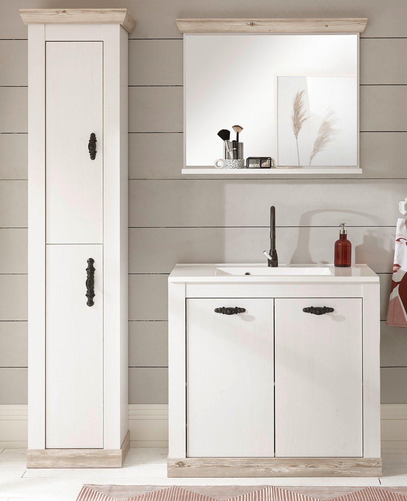 Furn.Design Waschtisch-Set Rovola, (in weiß Pinie Landhausstil, 4-St., 143 x 200 cm), mit Waschbecken